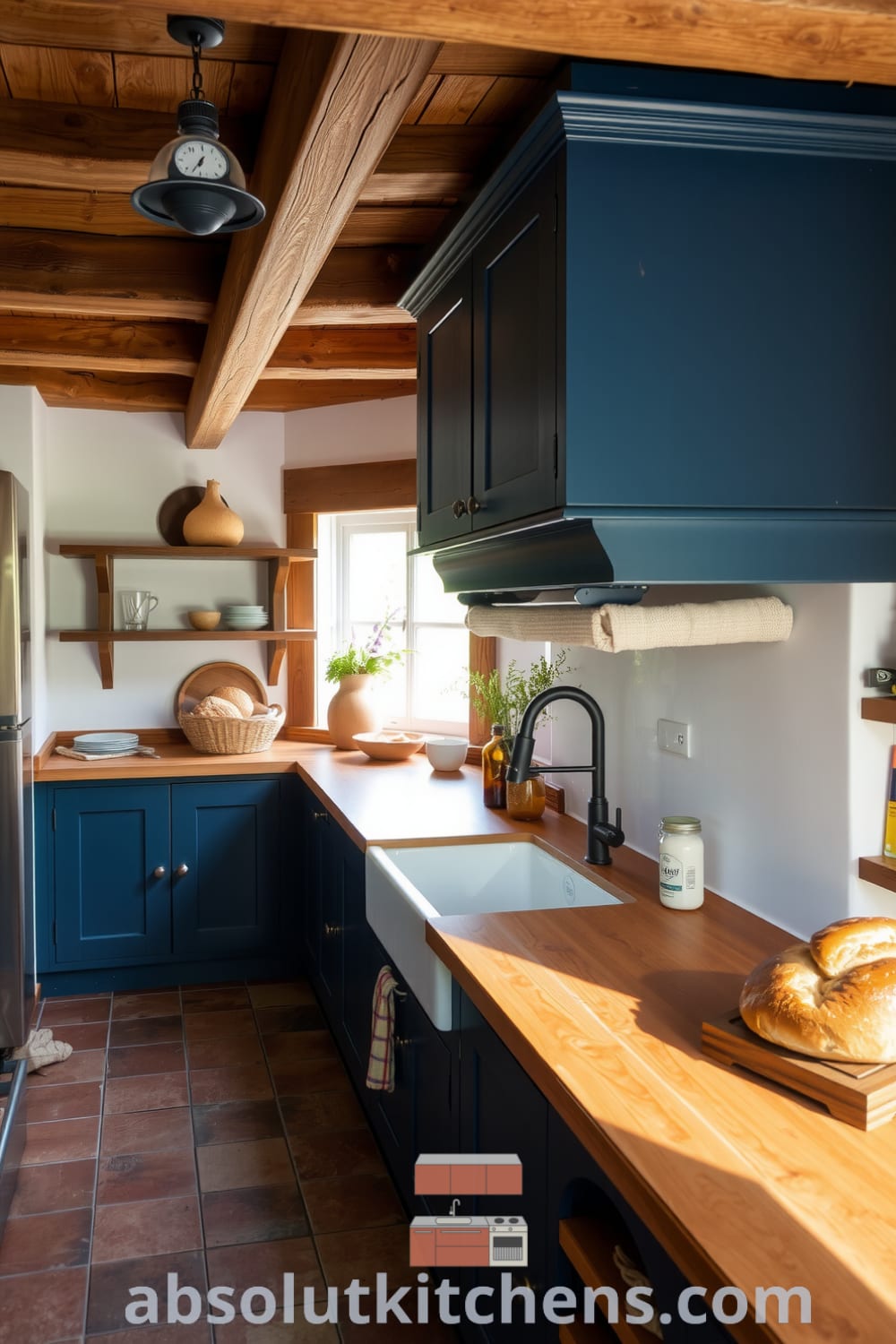 Rustic kitchen with deep blue cabinetry, reclaimed wood countertops, a farmhouse sink, and exposed beams, creating a cozy and inviting atmosphere filled with the scent of baked bread, showcasing decor ideas and inspirations for a cozy home at fireplacesandwoodstoves.com.