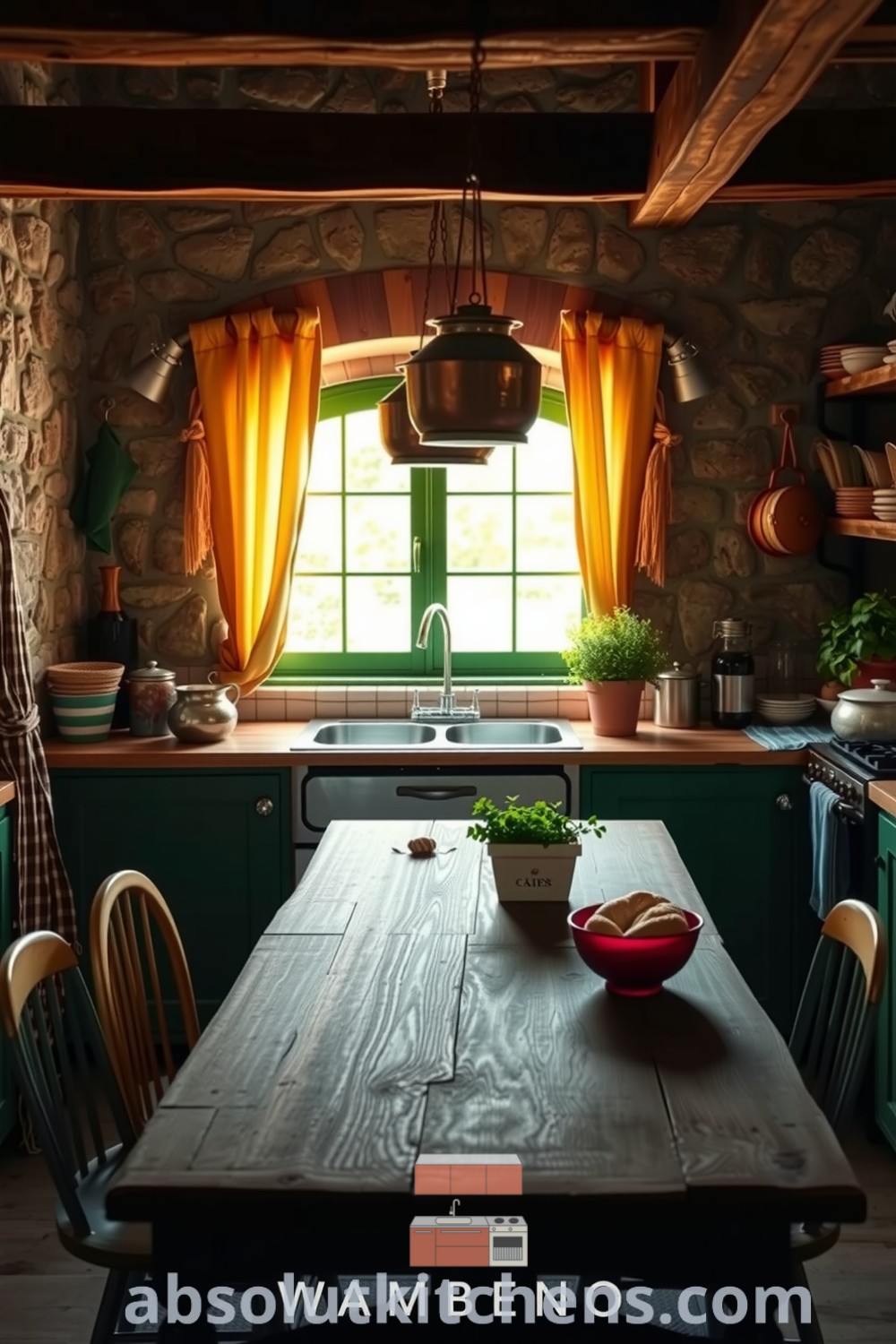 Cozy farmhouse kitchen with sunlight filtering through curtains, rustic wooden table and mismatched chairs, adorned with copper pots and a vibrant potted herb garden, showcasing cozy decor ideas and simple, inviting design inspirations for your home on absolutkitchens.com.