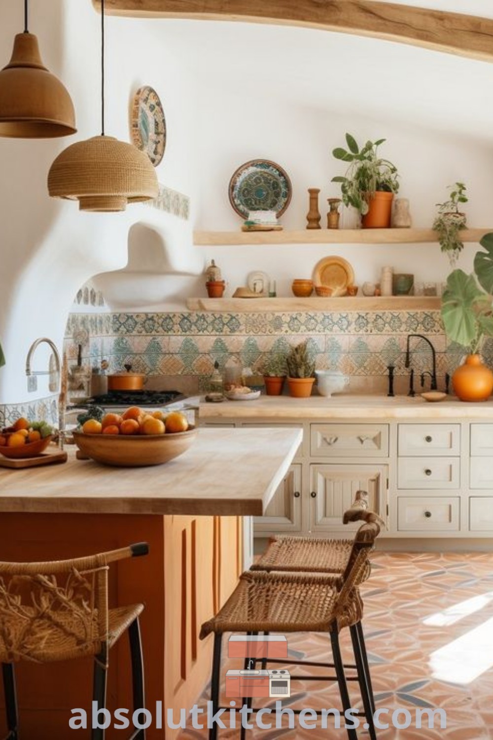 A Spanish style kitchen with an island, potted plants, and two chairs, showcasing farmhouse colorful themes and a cozy aesthetic. This inviting Mediterranean kitchen design offers unique decor ideas for small spaces, balancing function and warmth. Discover more inspiring decor tips at absolutkitchens.com.