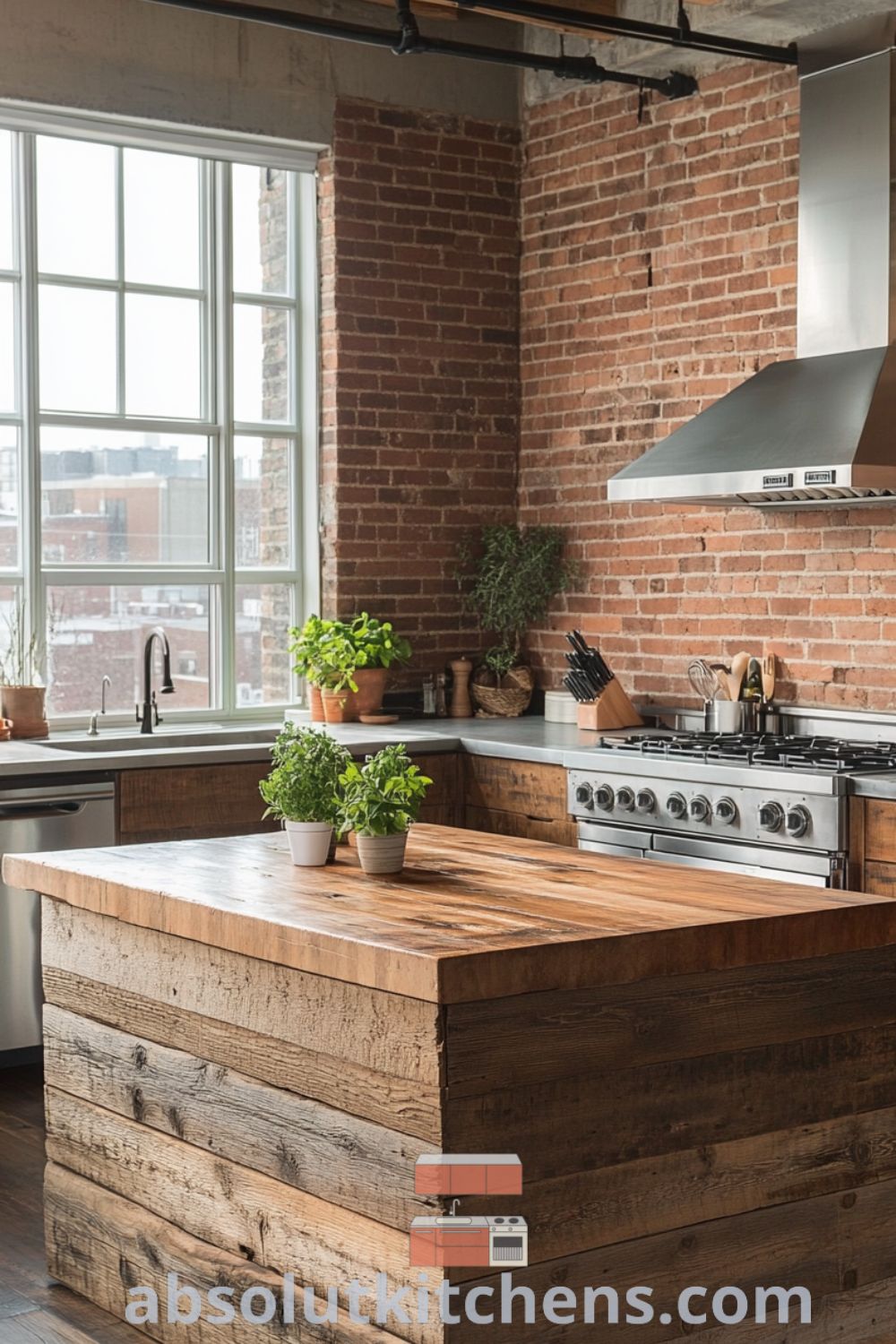 Urban loft kitchen scene on absolutkitchens.com showcasing stainless steel appliances, rustic wooden cabinetry, loft kitchen design, and cozy aesthetic elements.