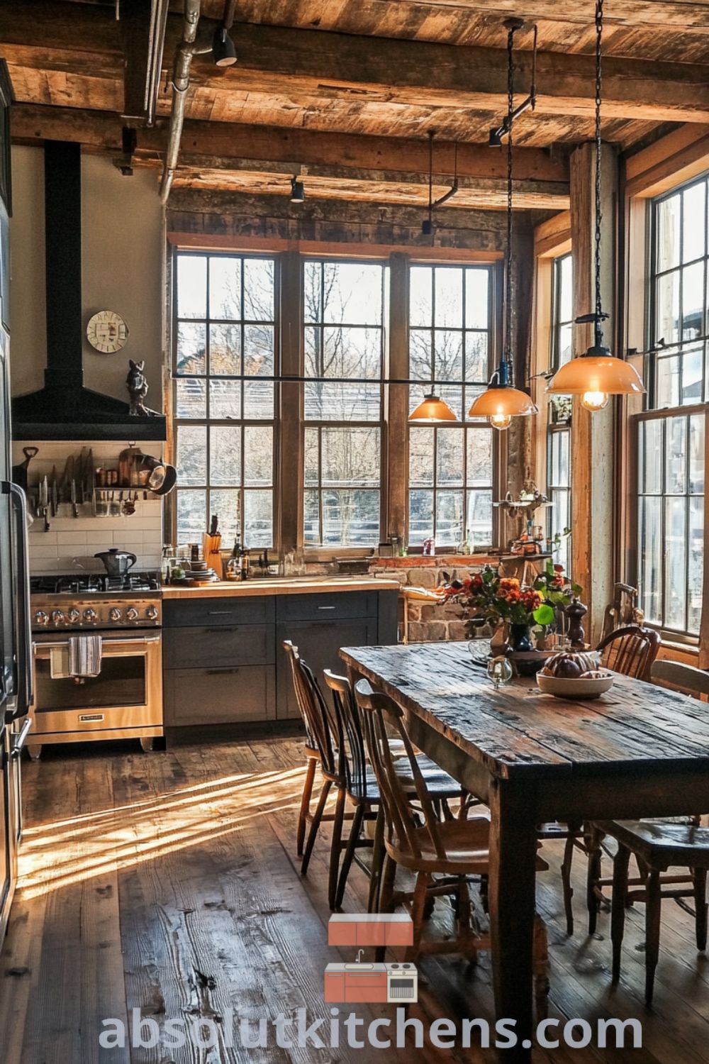 Urban loft kitchen design on absolutkitchens.com featuring a combination of rustic charm and industrial elements, cozy aesthetic, and inviting decor ideas for small spaces.