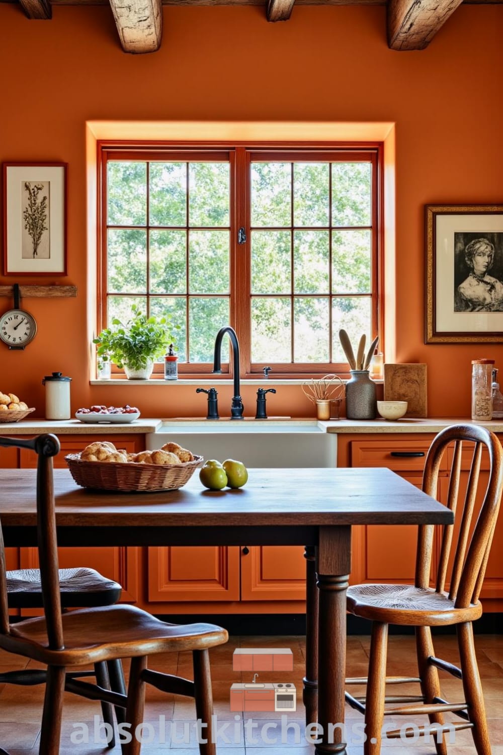 Rustic kitchen interior with warm orange tones, exposed wooden beams, a sturdy oak table surrounded by mismatched chairs, and a deep farmhouse sink under a wide window, showcasing cozy ideas for home decor inspirations at fireplacesandwoodstoves.com.