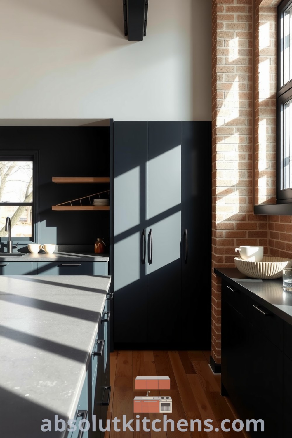Minimalist black kitchen featuring sleek cabinetry, polished concrete countertop, exposed brick wall, and wooden shelves displaying selected items, creating a cozy home atmosphere filled with soft morning light, perfect for cooking and conversation. Visit fireplacesandwoodstoves.com for cozy ideas and design inspirations.