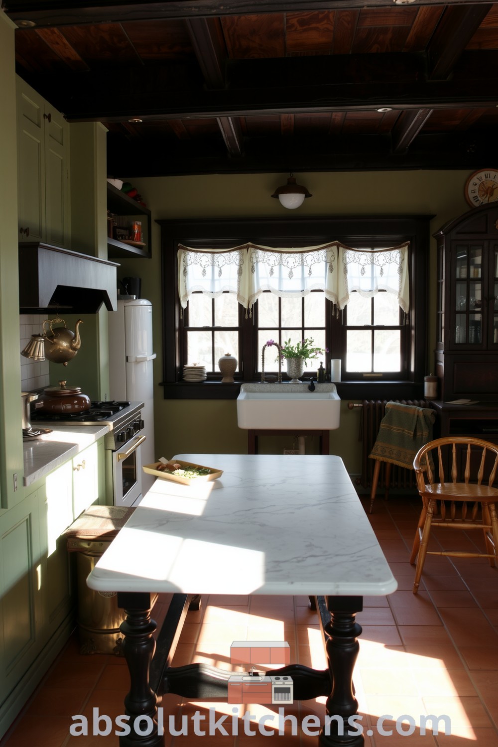 Cozy Victorian kitchen with soft green walls, dark wood cabinetry, and a marble-topped table, enhanced by sunlight filtering through lace curtains, showcasing elegant decor ideas and inspirations for a warm and inviting home at absolutkitchens.com.