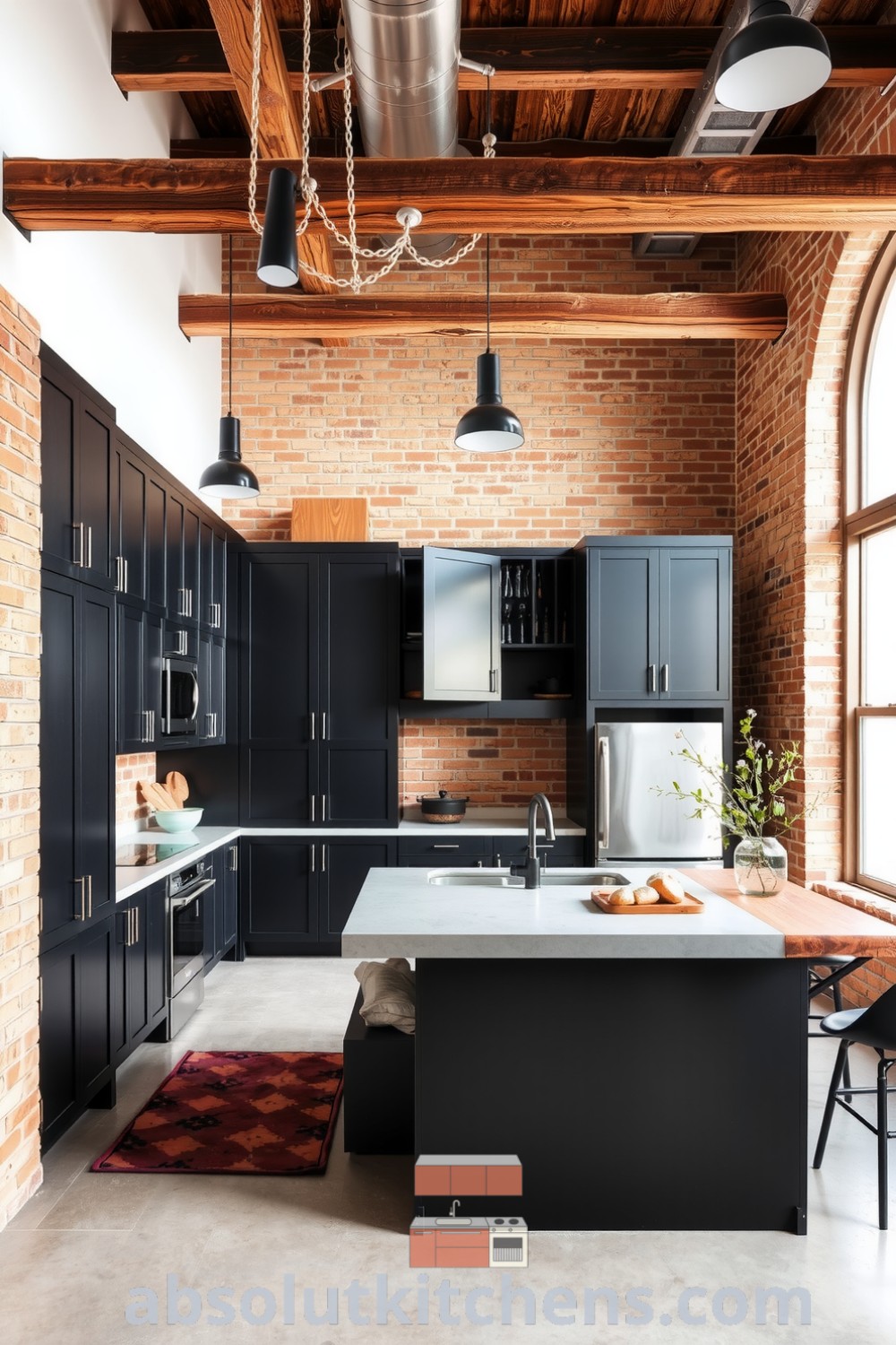 Loft kitchen featuring rich black cabinetry, warm exposed brick walls, and a polished concrete island, illuminated by natural light through tall windows, creating a cozy and inviting atmosphere ideal for gatherings and culinary creativity. Visit fireplacesandwoodstoves.com for cozy ideas and decor inspirations.