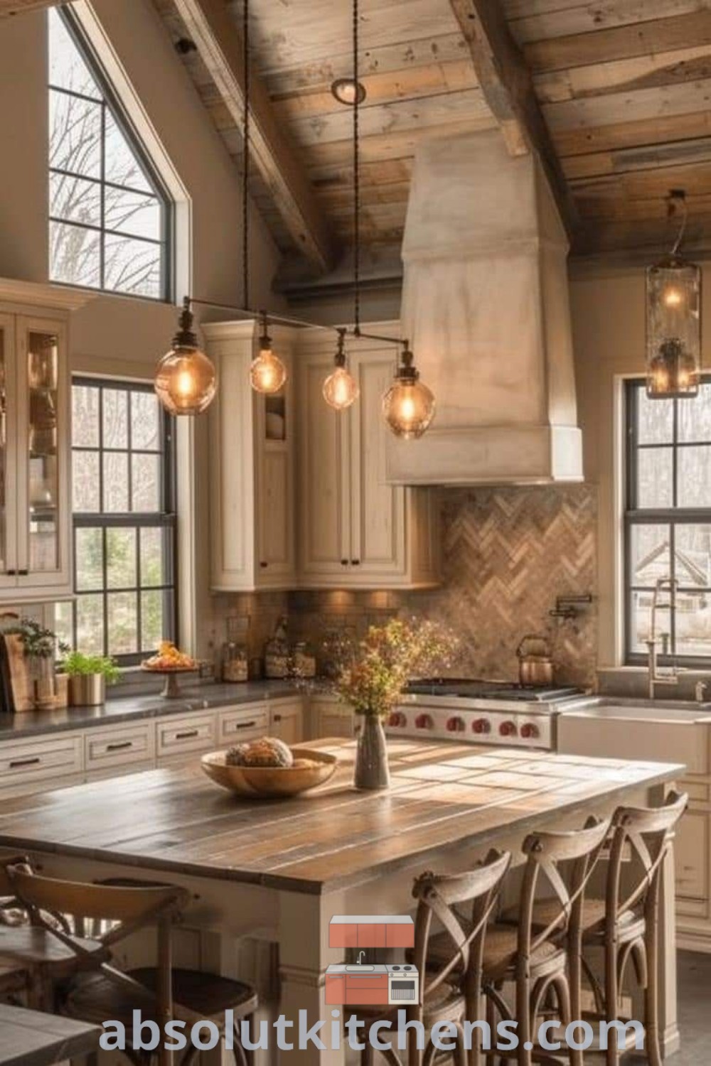 A large U shaped kitchen interior with an island in the middle, illuminated by hanging lights, offering spacious design trends and functional decor ideas for small spaces. This inspiring kitchen showcases the best kitchen layout and cozy aesthetic for any house or apartment. Find more design tips at absolutkitchens.com.
