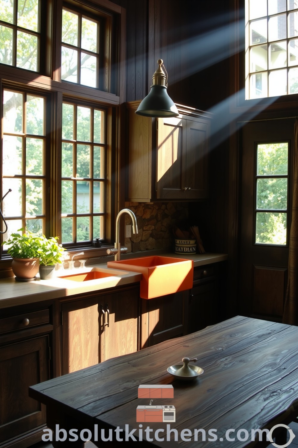 Cozy nature-inspired kitchen with sunlight streaming through paned windows, reclaimed wood cabinetry, a clay farmhouse sink, and potted herbs on the windowsill, providing design ideas and inspirations for creating a warm, inviting home at absolutkitchens.com.