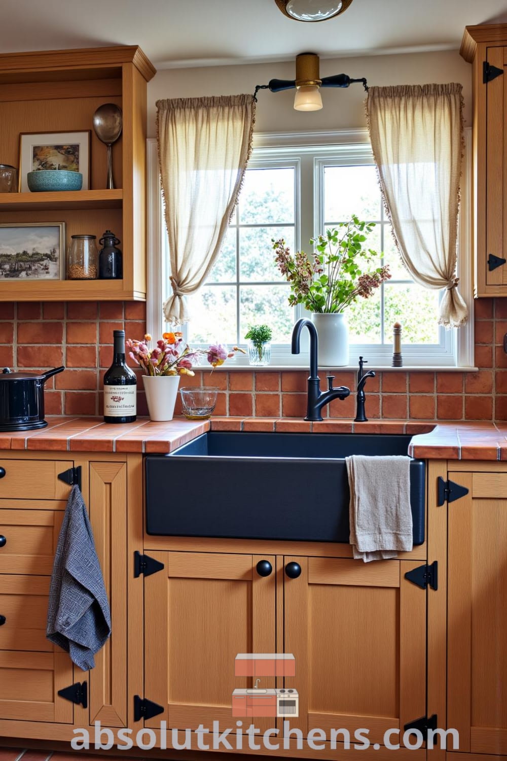 Rustic kitchen featuring weathered wood cabinetry, blackened iron hardware, a deep sink under a linen curtain, and terracotta tiles, creating a cozy atmosphere perfect for family gatherings, with inspiring decor ideas for your home on fireplacesandwoodstoves.com.