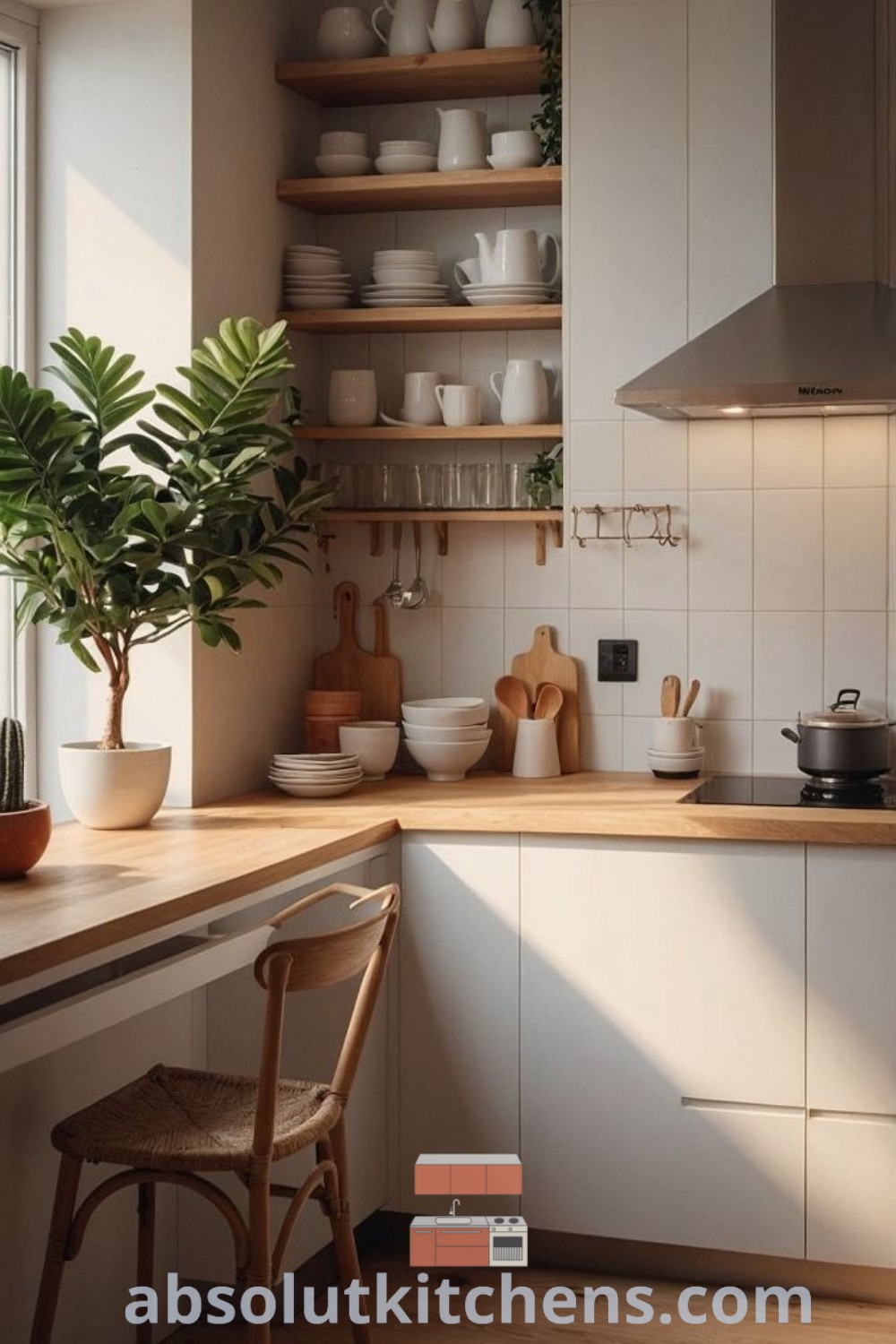 A bright and clean Scandinavian open kitchen featuring white wooden countertops and open concept cabinets, designed for a minimalist aesthetic. This cozy home space highlights decor ideas that inspire wellness and functionality, perfect for those seeking unique kitchen inspirations. Discover more at wellnesswink.com.