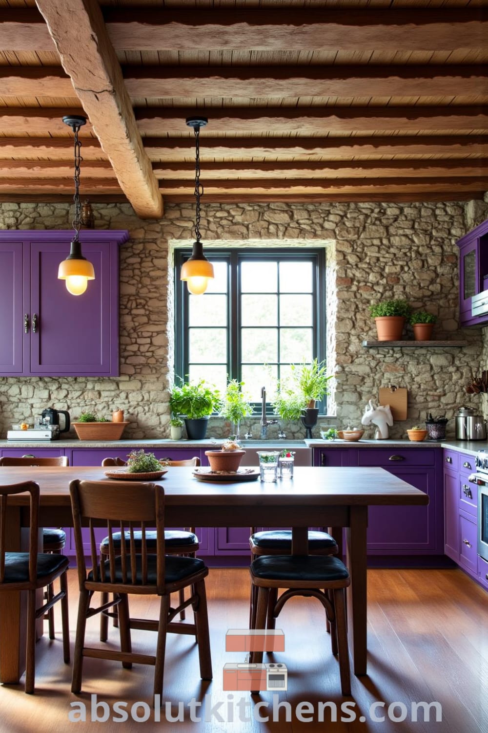 Rustic kitchen with deep purple accents, weathered stone walls, a heavy oak table surrounded by mismatched chairs, and potted herbs on the sunny window sill, reflecting cozy home design ideas for a welcoming and inspiring space at fireplacesandwoodstoves.com.
