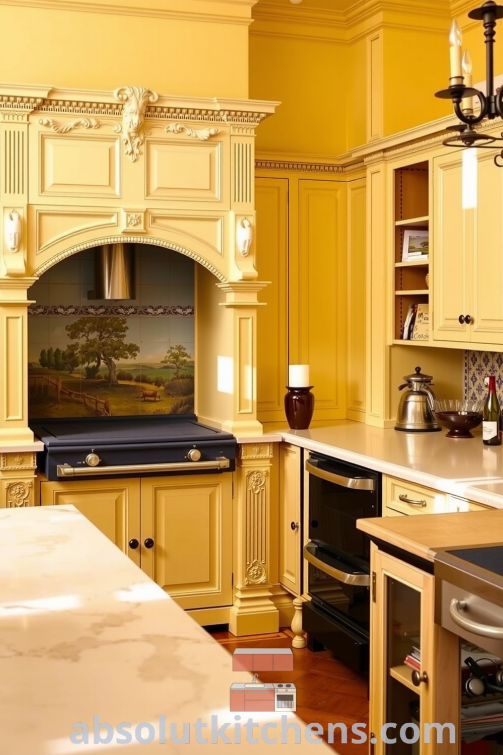 Cozy Victorian kitchen with yellow walls, creamy marble countertops, and vintage brass fixtures, featuring a farm-style table perfect for gatherings and warmth in your home. Visit absolutkitchens.com for inspiring decor ideas.