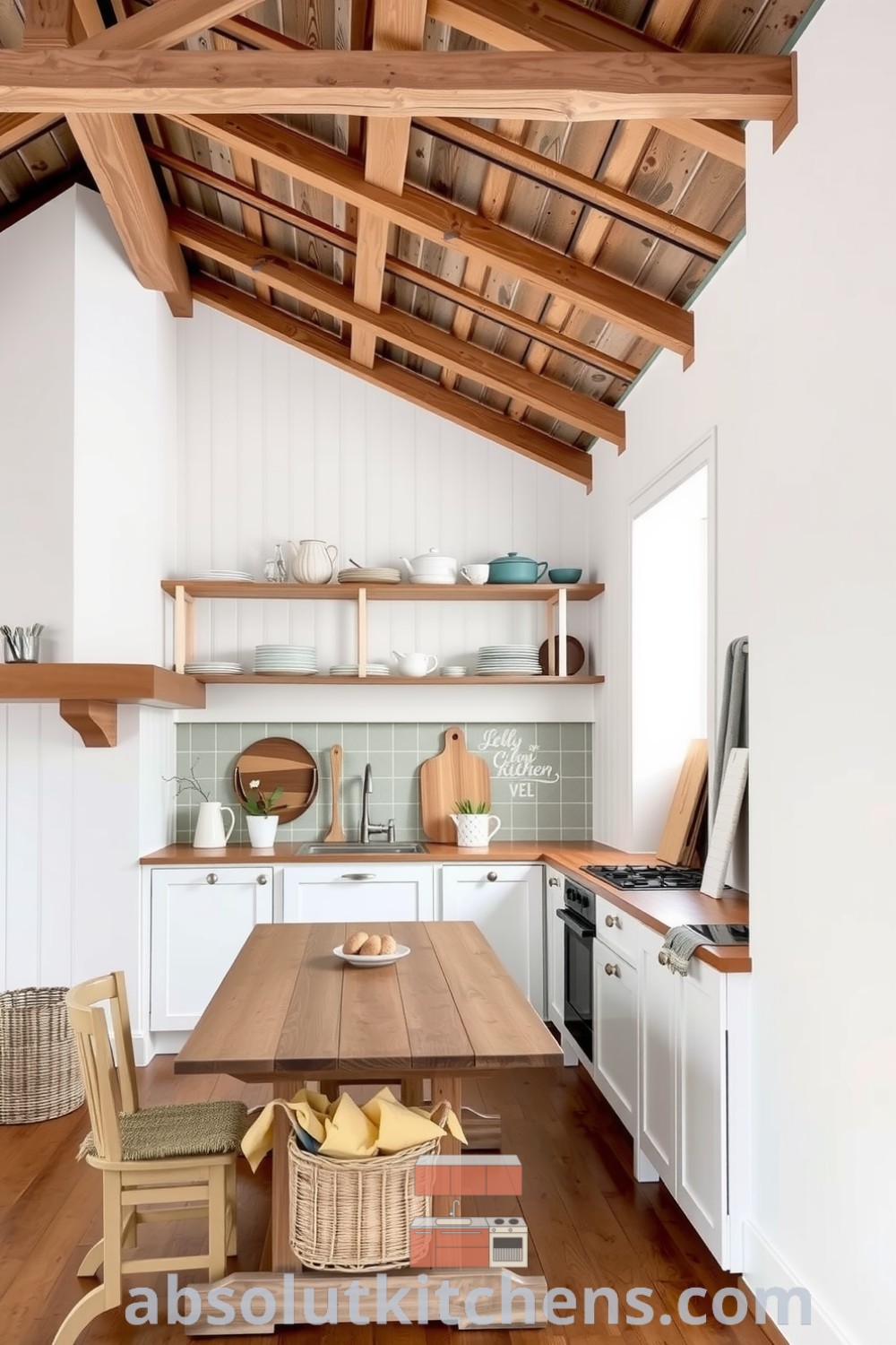 Scandinavian kitchen with white walls, rustic wooden beams, a weathered farmhouse table, and open shelving displaying unique dishware, creating a cozy and inviting home environment, featuring decor ideas and inspirations from fireplacesandwoodstoves.com.