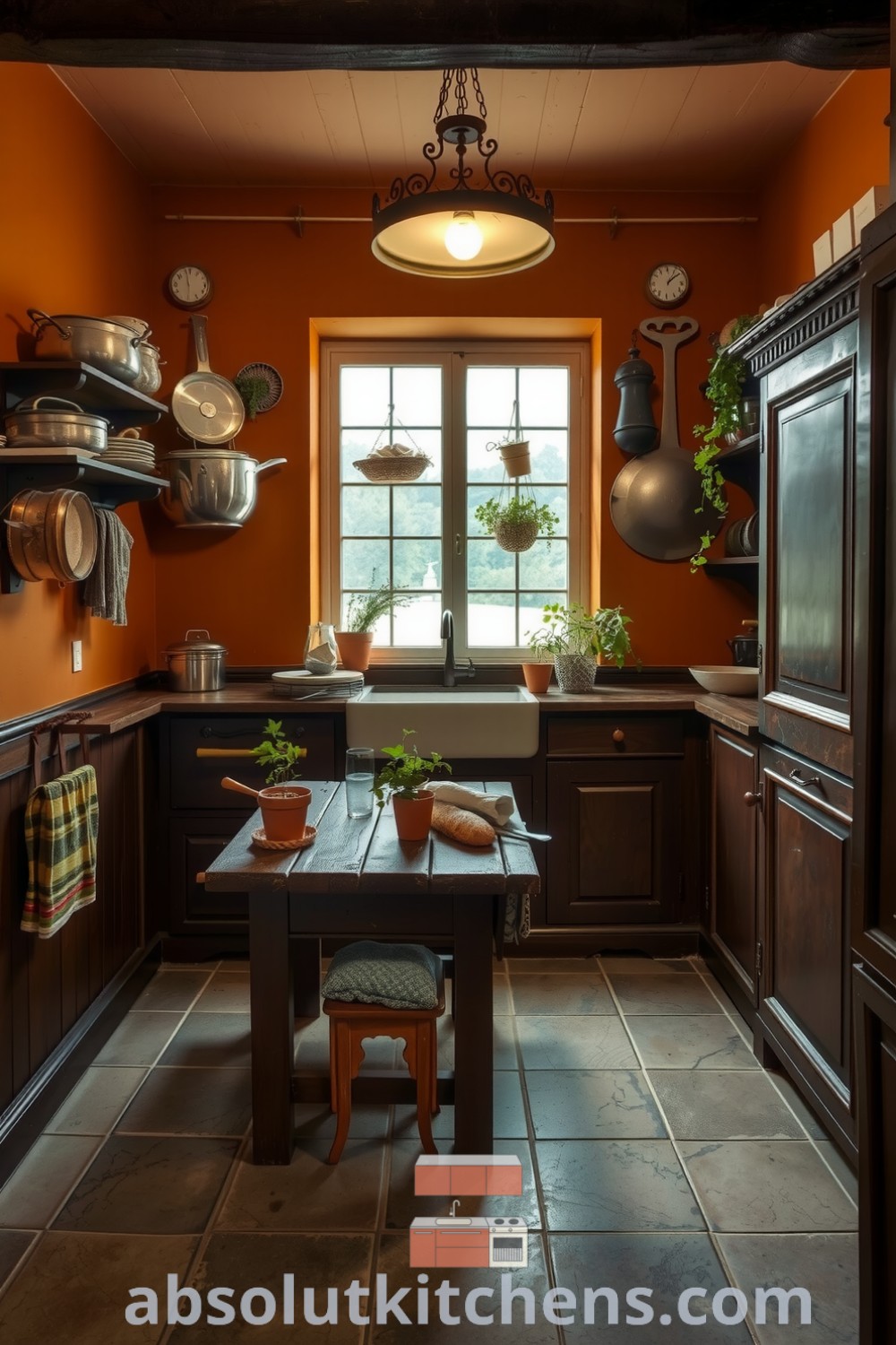 Cozy French kitchen with deep ochre walls, gleaming copper pots, a rustic wooden table, and fresh herbs on the windowsill, creating an inviting atmosphere for family gatherings on absolutkitchens.com.