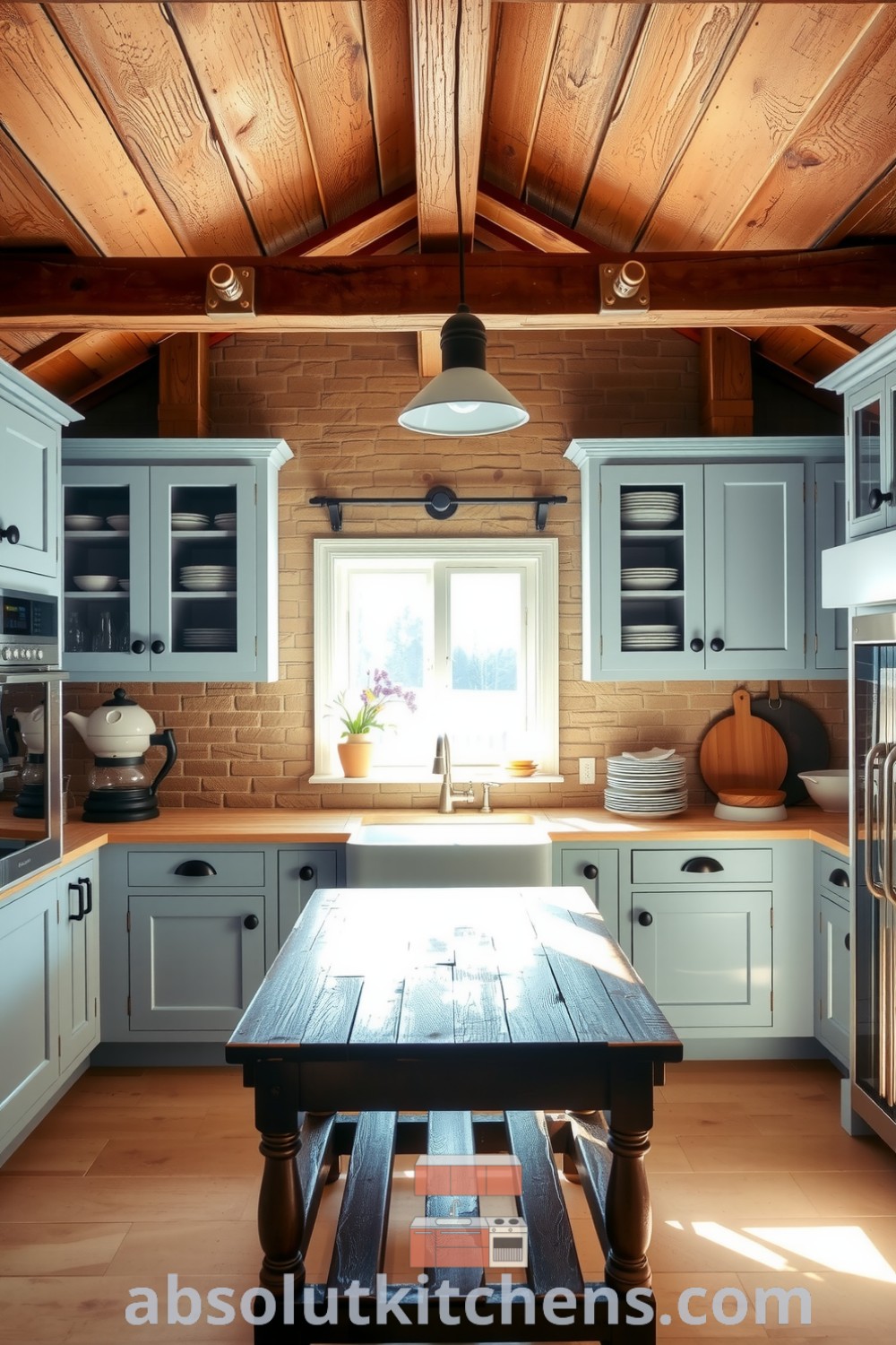 Cozy rustic kitchen featuring soft blue cabinetry, warm wooden beams, stone backsplash, and an antique wooden table, embodying a welcoming atmosphere with farmhouse sink and ceramic dishes on open shelves, ideal for creating inspiring decor ideas for your home. Website: absolutkitchens.com