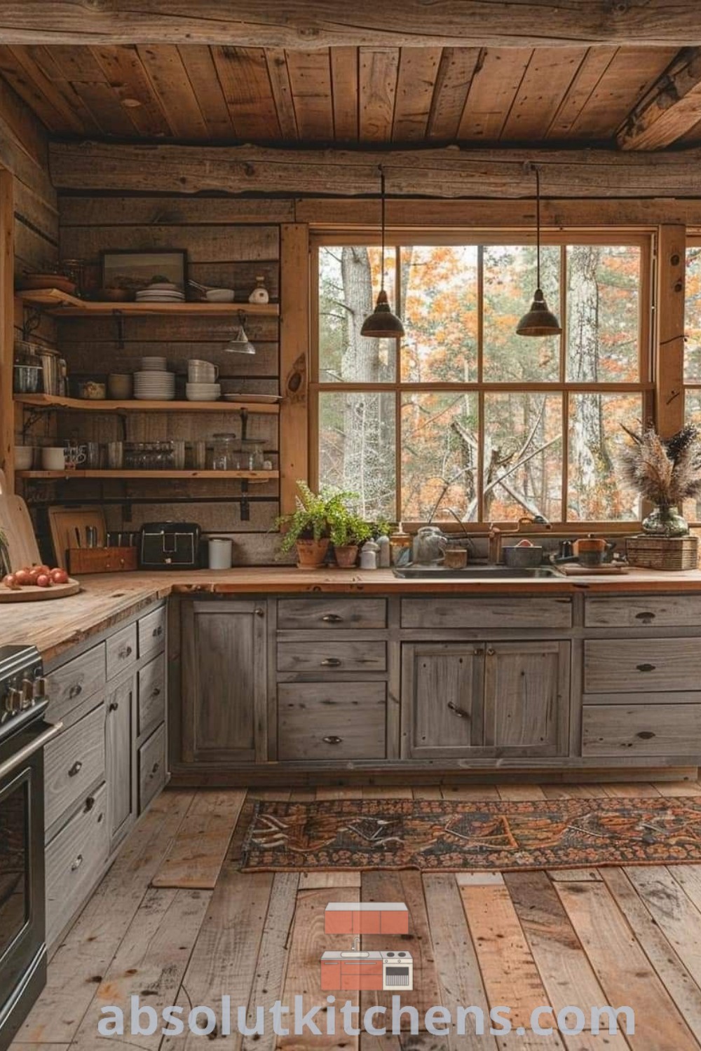 A rustic kitchen with wooden floors and walls showcasing cozy log cabin kitchen ideas and rustic decor. This inviting space features design tips for log cabin kitchens and small rustic kitchens, providing decor ideas for small spaces. Visit absolutkitchens.com for more design inspirations.