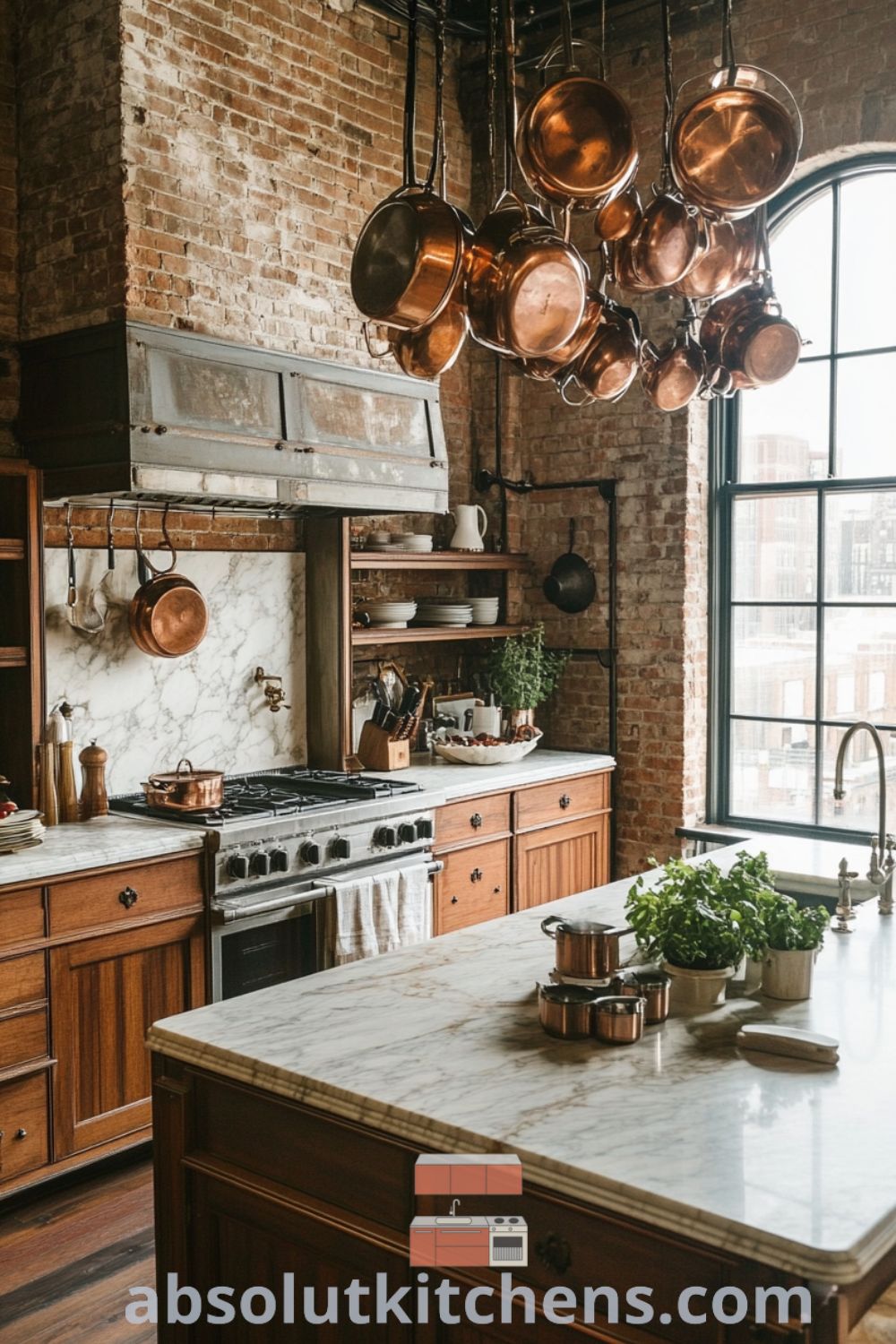 Cozy industrial kitchen with exposed brick and warm wooden cabinetry on absolutkitchens.com featuring cozy aesthetic, inviting atmosphere, and inspiring decor ideas for small spaces.