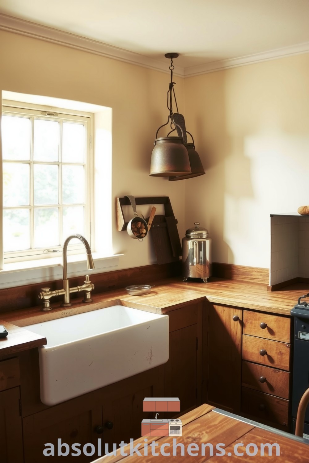Cozy farmhouse kitchen featuring soft beige walls, wooden cabinets, a large farmhouse sink, and copper pots, evoking a warm and inviting atmosphere with a nostalgic touch at absolutkitchens.com.