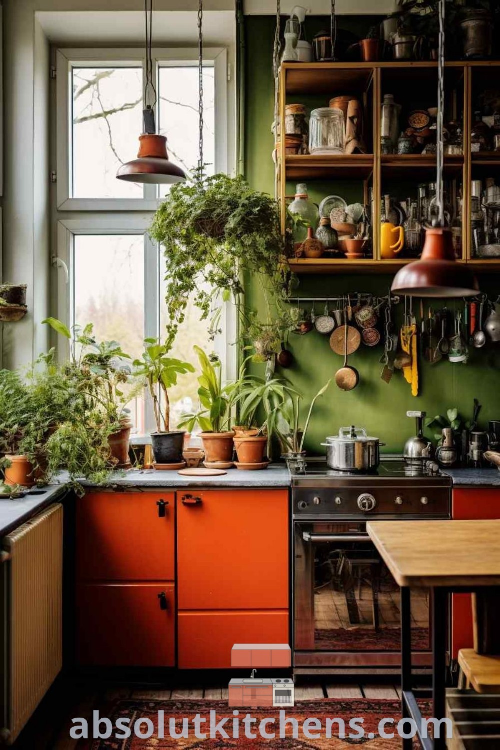A cozy retro rustic kitchen adorned with potted plants, featuring eclectic green elements and vibrant orange accents. This space exemplifies vibrant kitchen ideas and offers design tips for a boho galley kitchen, showcasing functional beauty. Discover more inspiring decor for small spaces at absolutkitchens.com.