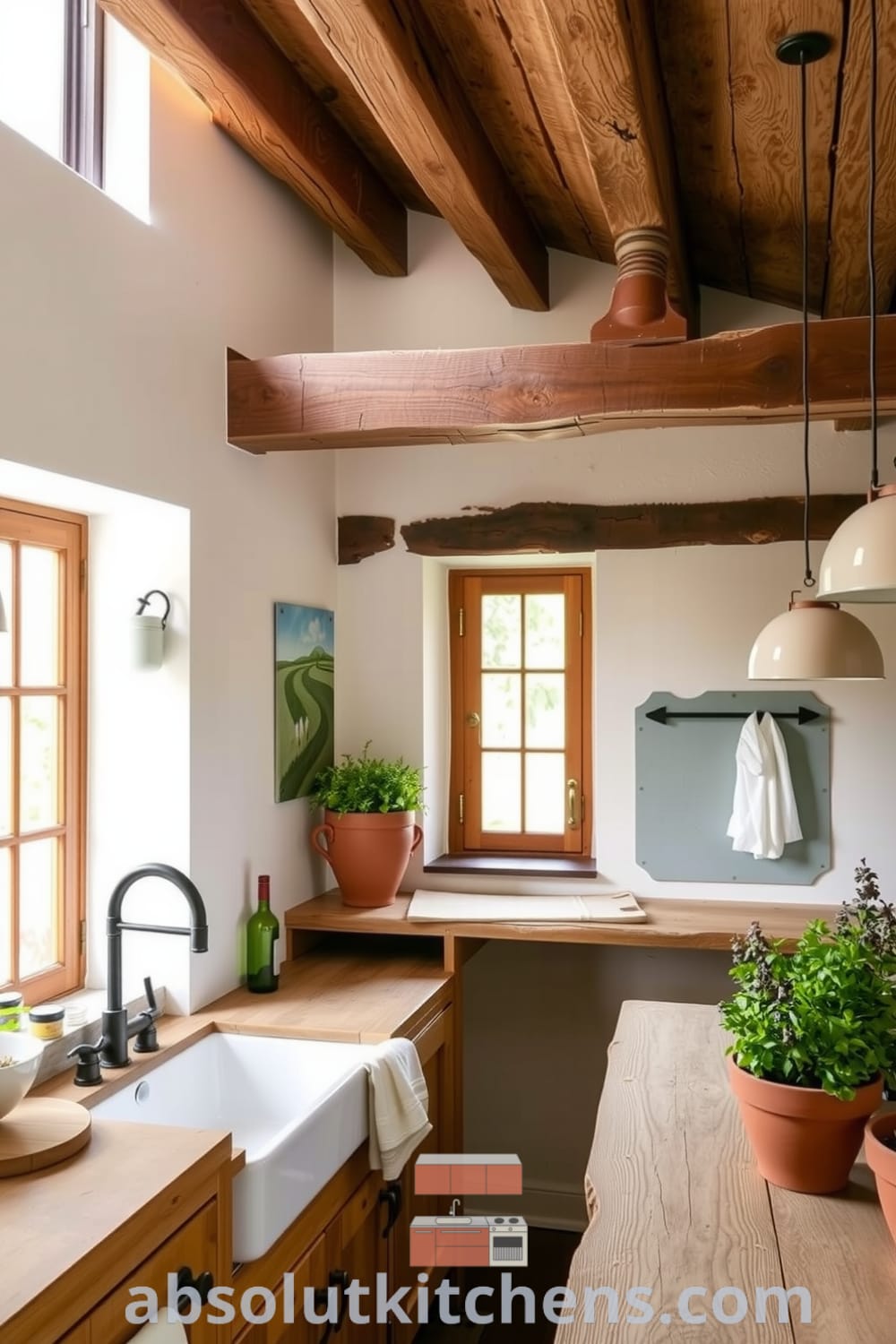 Rustic kitchen with warm white walls, wooden beams, a farmhouse sink under a sunlit window, and vibrant herbs in terracotta pots, creating a cozy and inviting atmosphere for culinary creativity. Visit fireplacesandwoodstoves.com for unique decor ideas.