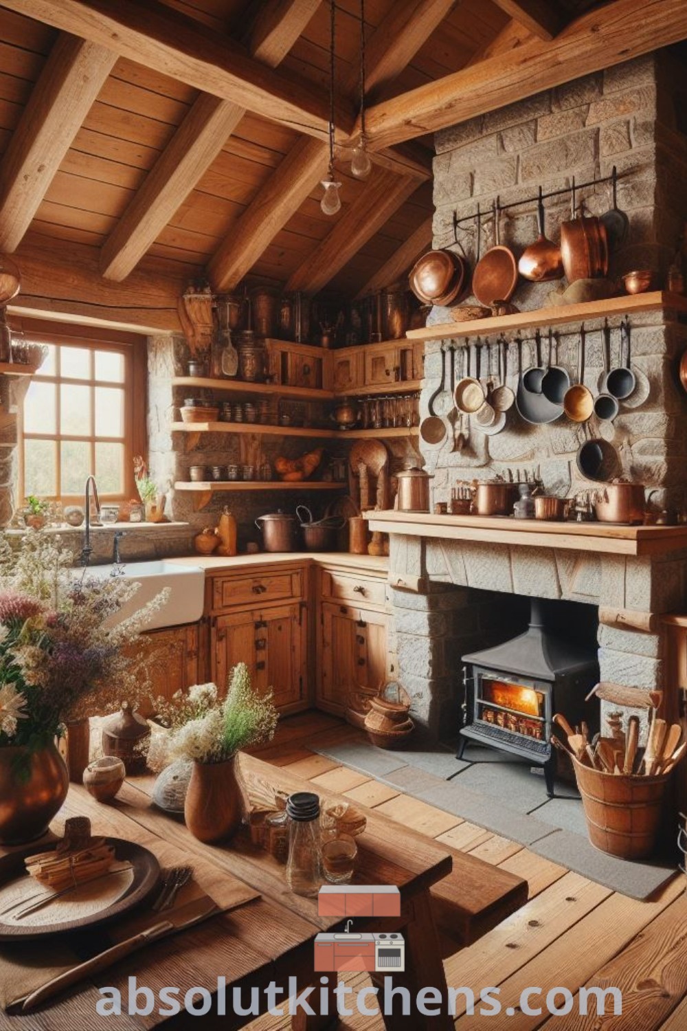 A rustic old-fashioned kitchen with wooden floors and walls, adorned with pots and pans, embodying the cozy cottage aesthetic. This inspiring design highlights rustic countertops, perfect for those seeking cozy house ideas and decor tips for small spaces. Discover more design trends at absolutkitchens.com.