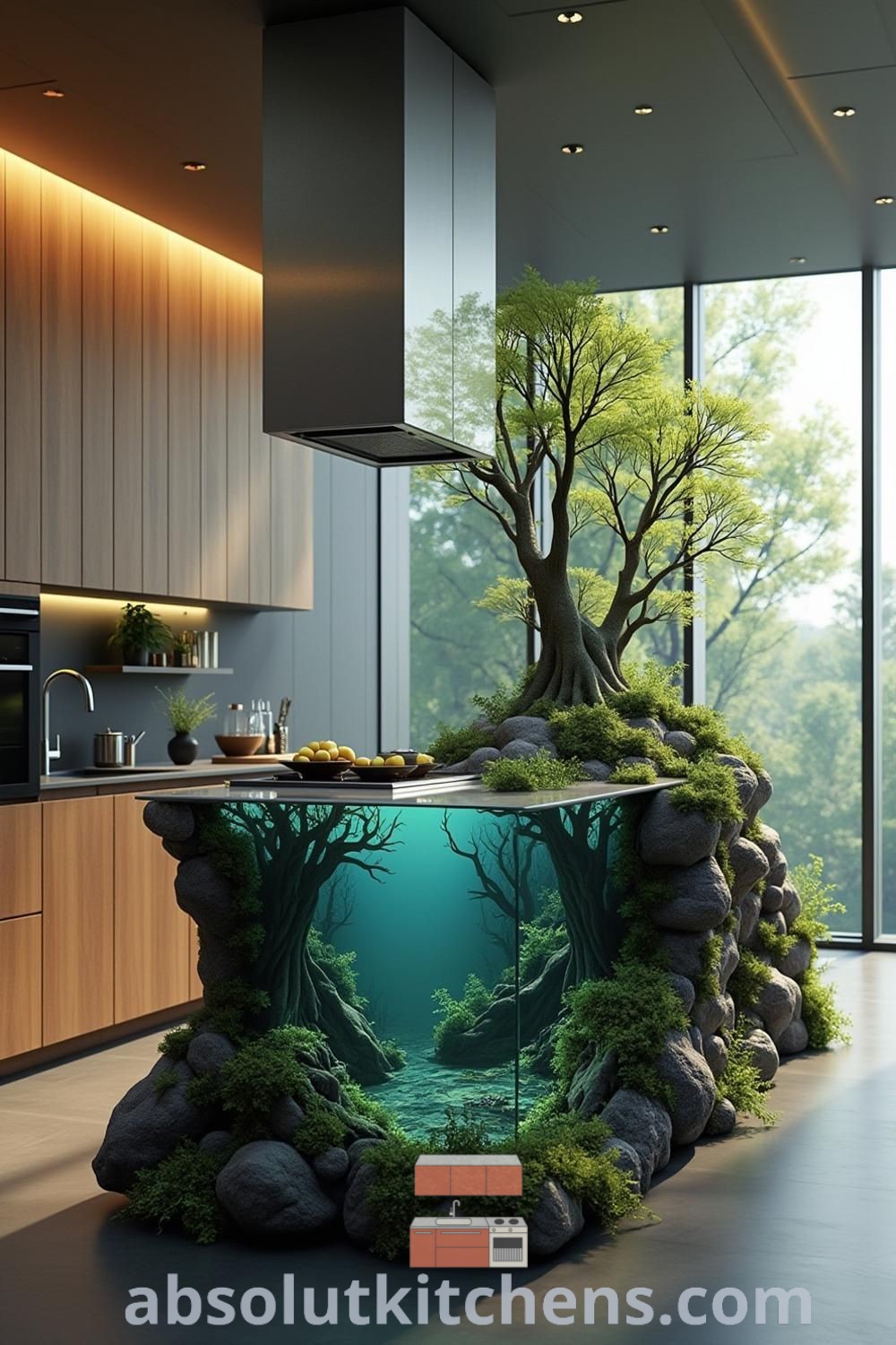 A captivating kitchen scene featuring an aquarium with moss growing on its sides, designed as a fishbowl terrarium. This beautiful terrarium adds a unique touch to kitchen island design and offers inspiring ideas for cozy aesthetic decor in home aquariums. Discover more design trends at absolutkitchens.com.