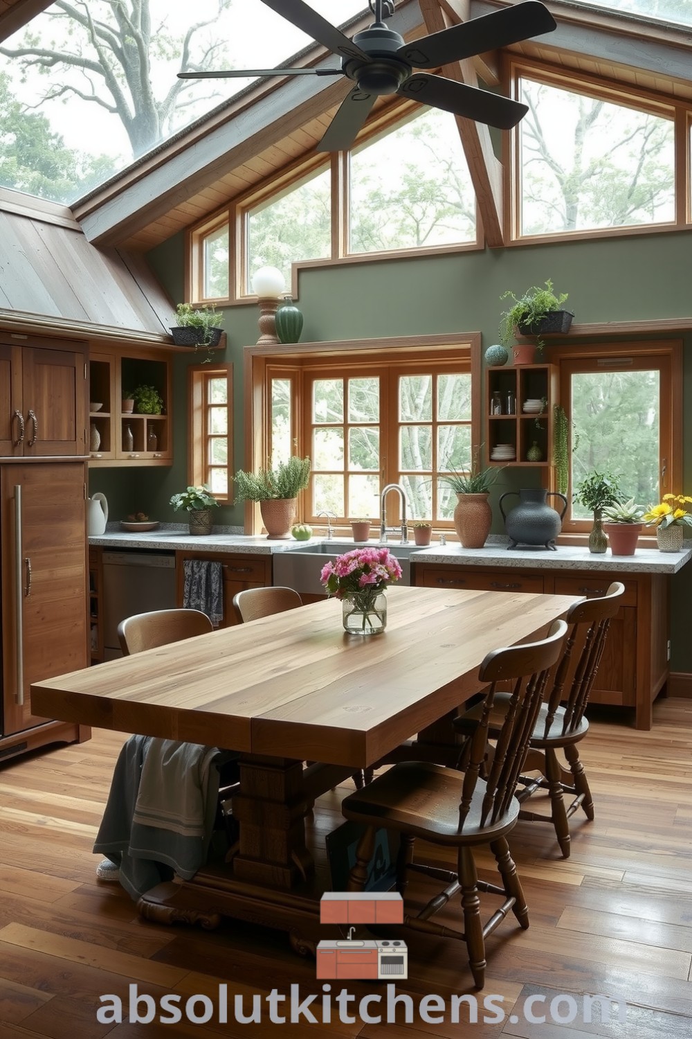 Cozy nature-inspired kitchen featuring soft green and earthy brown decor, rustic cabinetry, smooth stone countertops, and illuminated by natural light, with potted herbs and a sturdy wooden table, ideal for a warm and inviting culinary retreat. absolutkitchens.com
