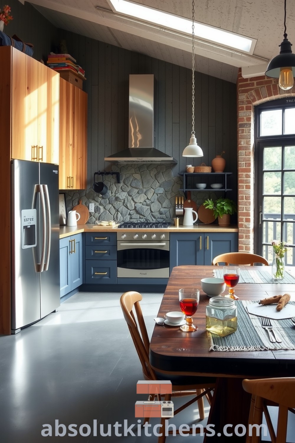 Cozy kitchen design showcasing a grey contemporary layout with metal appliances, warm wooden cabinets, and a rustic dining table, illuminated by natural light, highlighting inspiring decor ideas for your home at fireplacesandwoodstoves.com.