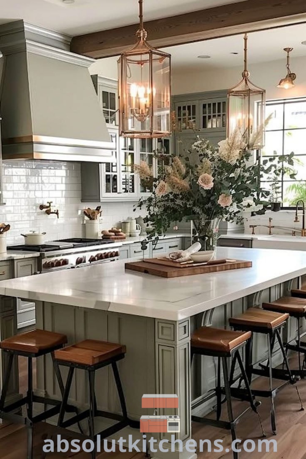 A large kitchen with a central island surrounded by stools, beautifully showcasing a modern farmhouse aesthetic. This kitchen island features decorative posts and seating on both sides, providing functional and aesthetic benefits. Discover inspiring ideas for your home at absolutkitchens.com.