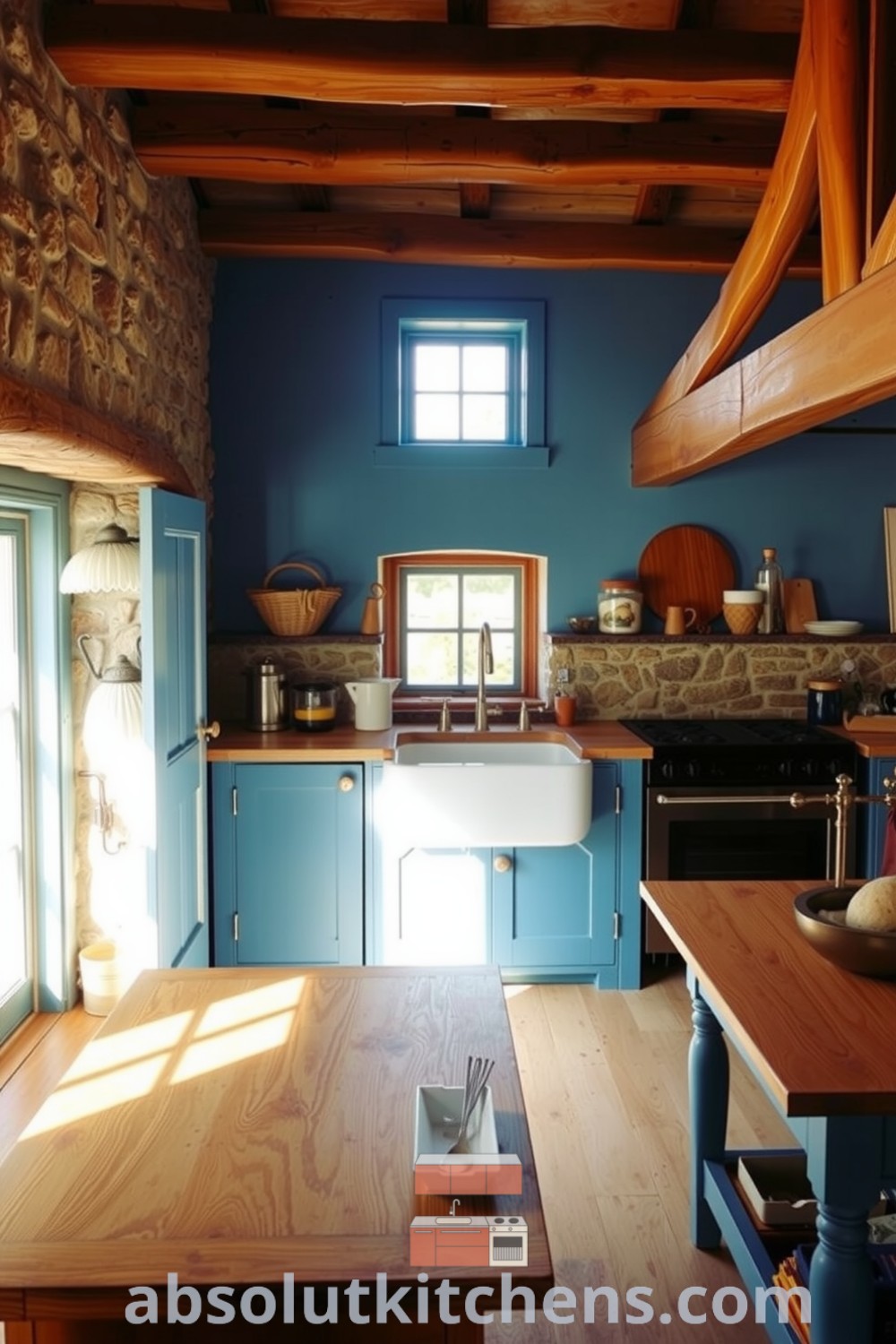 Cozy farmhouse kitchen with warm blue walls, rustic wooden beams, polished oak countertops, and a farmhouse sink, creating an inviting space perfect for family meals and the delightful aroma of baked bread, featured on absolutkitchens.com.