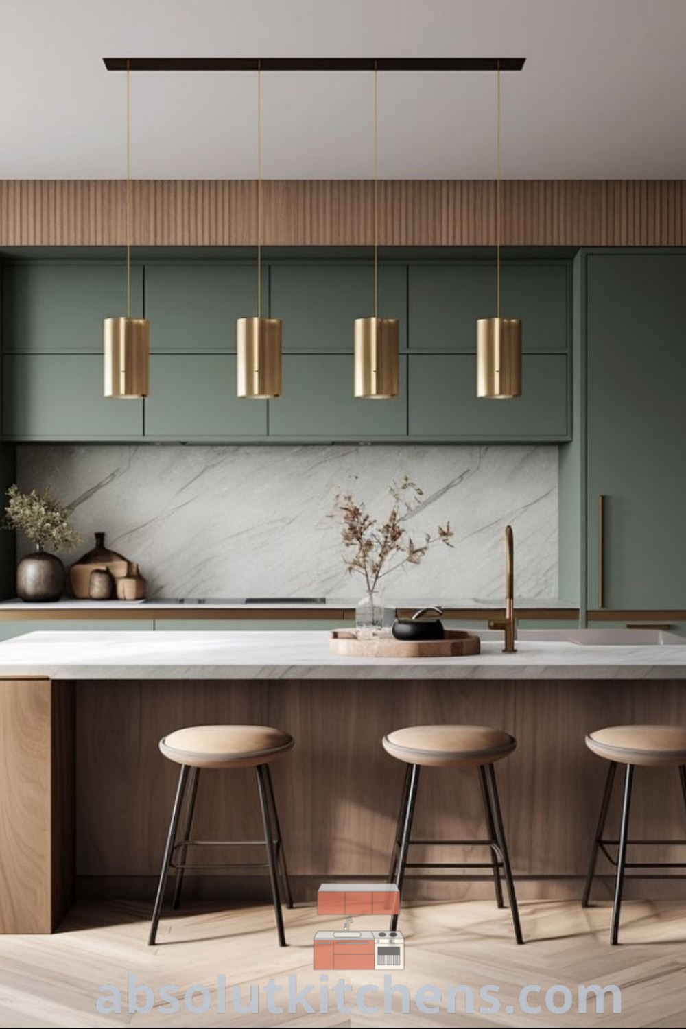 A modern kitchen with marble counter tops and stools, showcasing design trends for apartment interiors and inspiring decor ideas for small spaces. This elegant kitchen offers functional layouts ideal for optimal cooking experiences and cozy gatherings. Find more design inspirations at absolutkitchens.com.