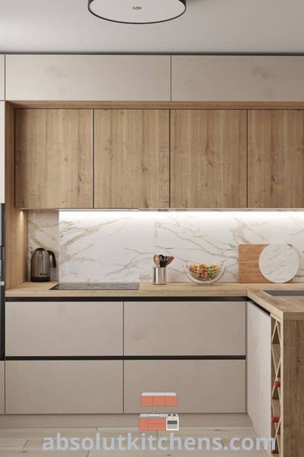 A stylish Japandi kitchen showcasing a blend of Scandinavian and Japanese design elements, featuring clean lines, natural materials, and neutral colors. This cozy kitchen inspires unique decor ideas that enhance functionality and aesthetics, offering calming vibes for any home. Discover more on wellnesswink.com.