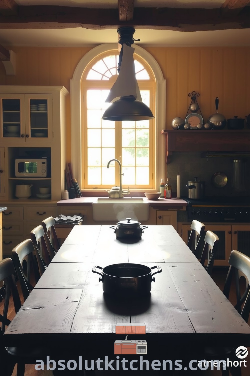 Cozy farmhouse kitchen with sunlight filtering through mullioned windows, featuring faded cabinets, a worn wooden table surrounded by mismatched chairs, a rustic stone hearth with a simmering pot, and gleaming copper pots, perfect for cozy home design ideas from absolutkitchens.com.