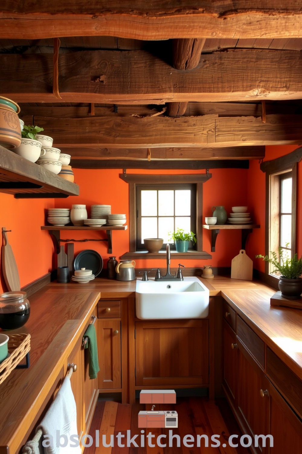 Cozy rustic kitchen featuring warm orange tones, wooden beams, mismatched ceramic dishes, and a farmhouse sink, creating an inviting atmosphere perfect for home-cooked meals and inspired decor ideas. Visit absolutkitchens.com for more decor inspirations.