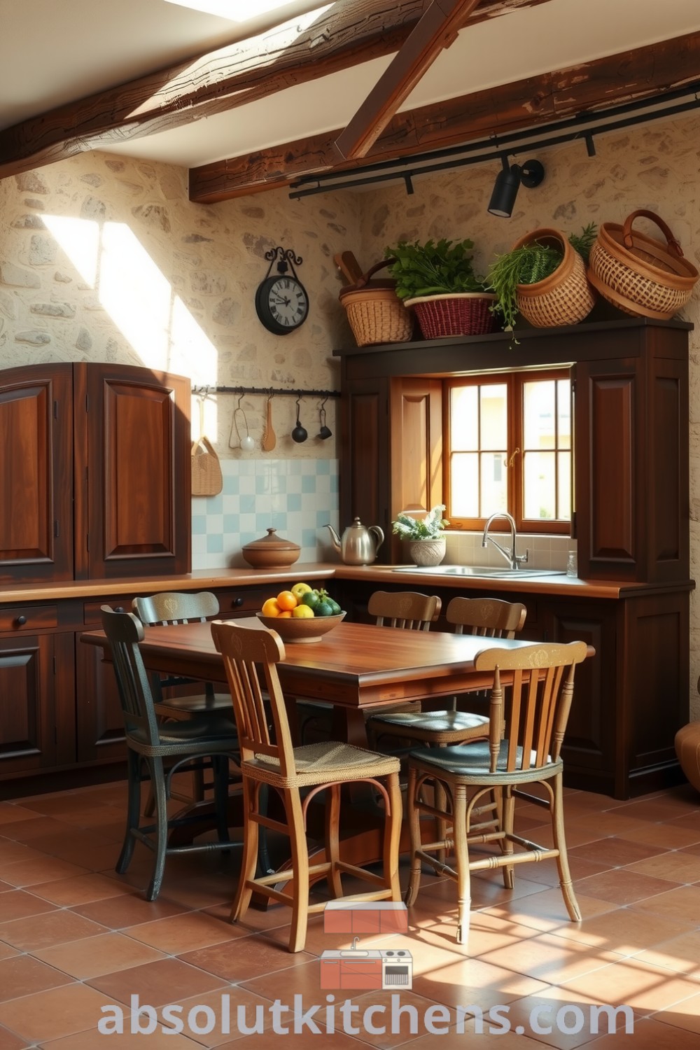 Cozy Mediterranean kitchen featuring rich wooden cabinetry, terracotta tiles, aged stone walls, and a handcrafted wooden dining table surrounded by mismatched chairs, perfect for family gatherings. Visit absolutkitchens.com for inspiring decor ideas for your home.