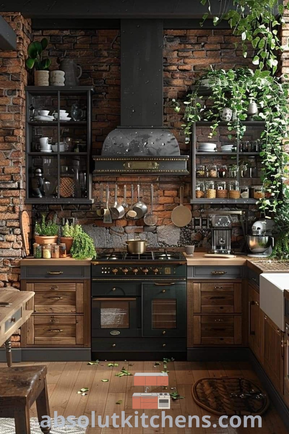 A kitchen with brick walls and wooden flooring, featuring potted plants on the counter in a cozy rustic and Scandinavian style. This inviting forest kitchen beautifully combines industrial kitchen design elements with nature, providing inspiring decor ideas for small spaces. Discover more design trends at absolutkitchens.com.