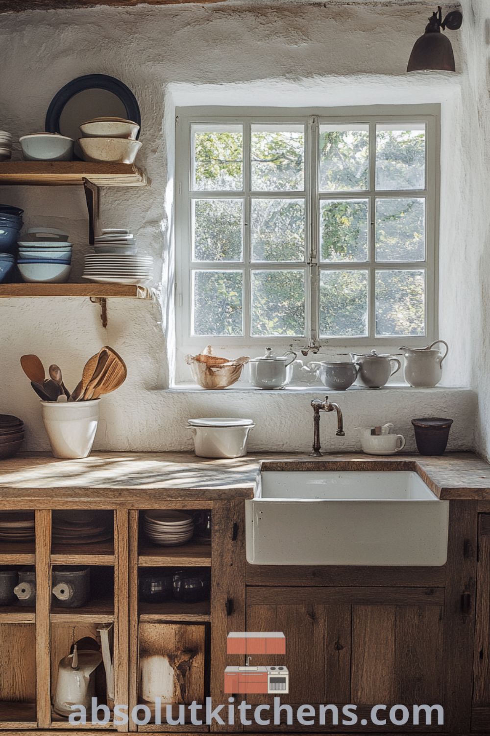 Vintage French kitchen showcasing rustic wooden cabinets and charming dishware on absolutkitchens.com, featuring cozy aesthetic, decor ideas for small spaces, and design tips for an inviting home.