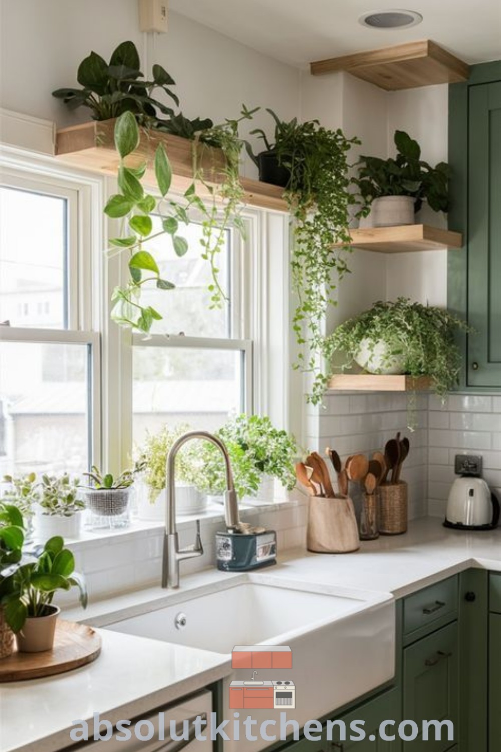 A vibrant kitchen featuring green cabinets adorned with plants, including herbs on the window sill, creating a cozy and inspiring atmosphere. Discover these green kitchen theme ideas and decorating tips for your house or apartment at absolutkitchens.com.