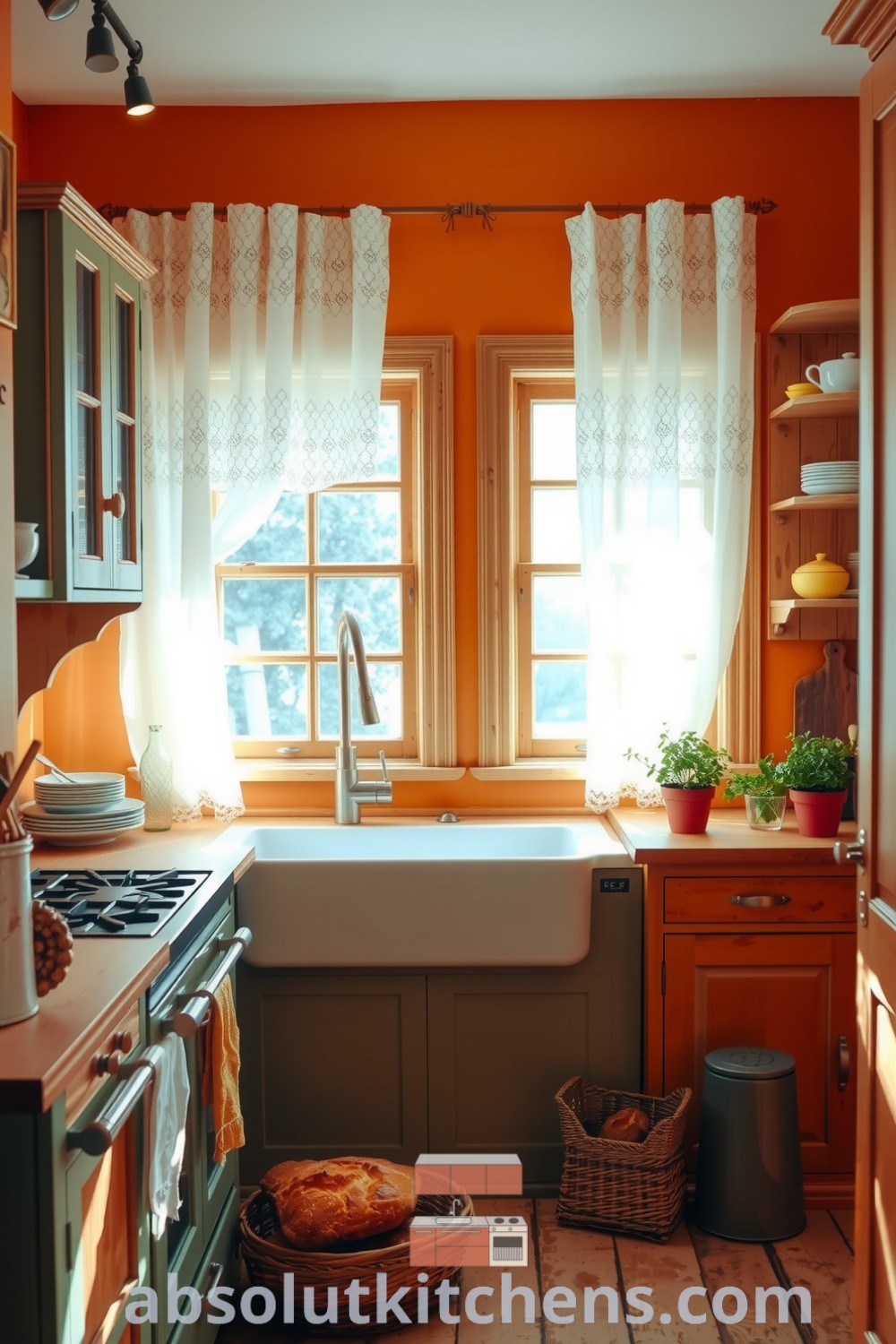 Cozy farmhouse kitchen featuring warm orange tones, lace curtains filtering sunlight, reclaimed wood cabinets, a large farmhouse sink, and thriving potted herbs, creating a warm and inviting atmosphere perfect for family gatherings, ideal for cozy home design inspirations on absolutkitchens.com.