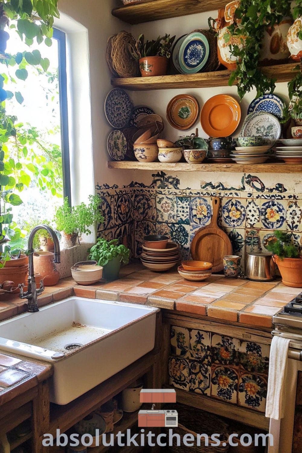 Bohemian Kitchen scene on absolutkitchens.com featuring terracotta tiles, cozy kitchen accents, and vibrant kitchen decor ideas.
