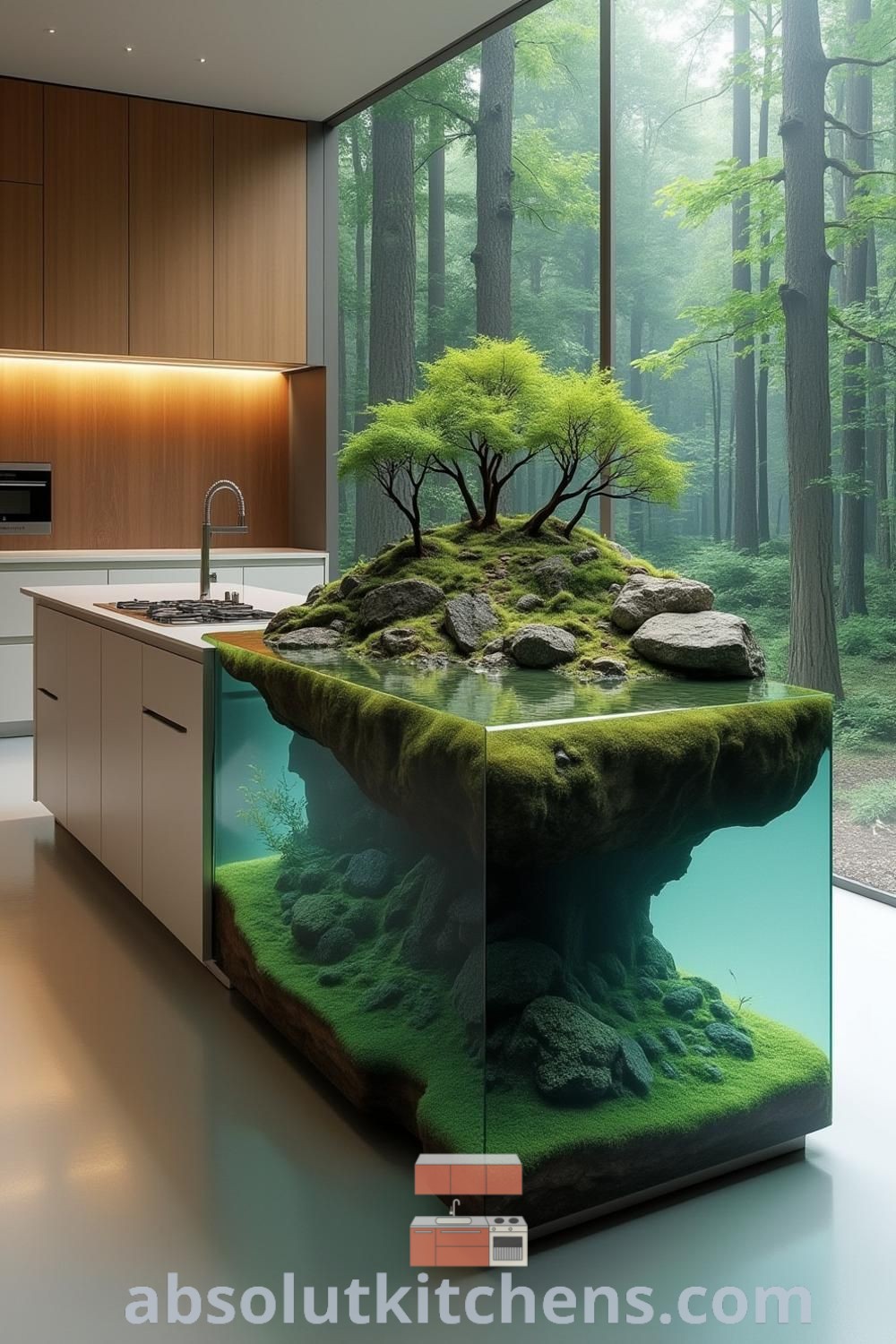 A modern kitchen island designed as an eco-luxe oasis featuring a submerged underwater forest and lush greenery, providing inspiring fish tank design ideas and decor solutions for cozy aesthetics. This unique design exemplifies contemporary trends and offers fresh decorating ideas from absolutkitchens.com.