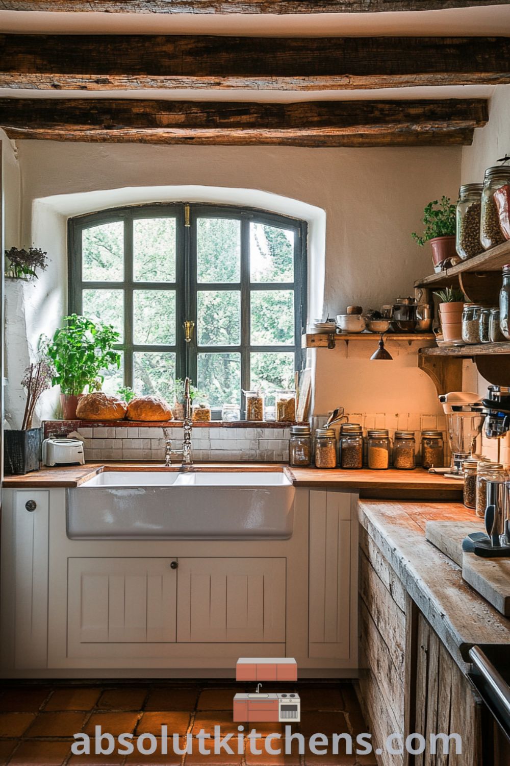 Vintage French kitchen scene on absolutkitchens.com with sun-drenched wooden beams, cozy aesthetic, and decor ideas for small spaces.