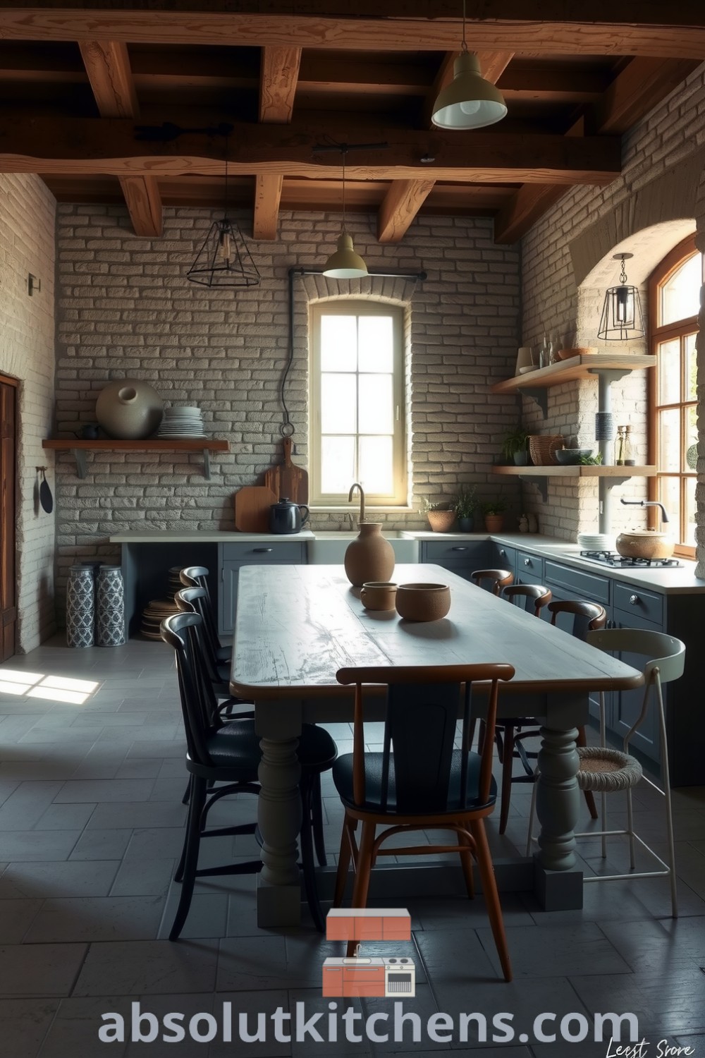 Cozy kitchen featuring exposed stone walls, wooden beams, a farmhouse table, and earthenware dishes, providing inspiring decor ideas for creating a warm and inviting home atmosphere on absolutkitchens.com.