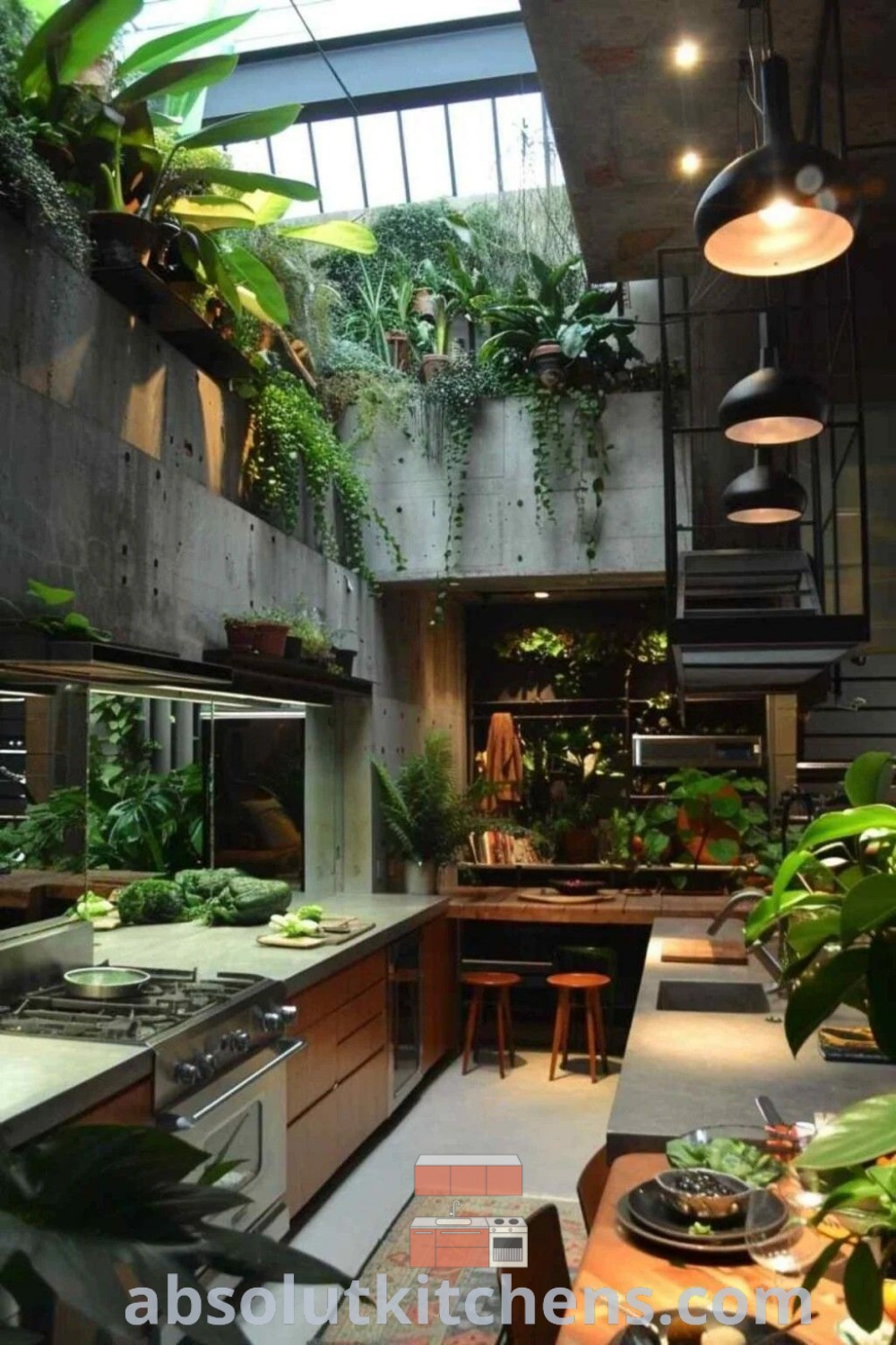 An indoor kitchen filled with lush plants growing on walls and ceilings, showcasing modern plant interior design and industrial tropical elements. This space offers unique decor ideas for small spaces, combining luxury industrial interior design with a cozy aesthetic. Discover more inspiring kitchen decor at absolutkitchens.com.
