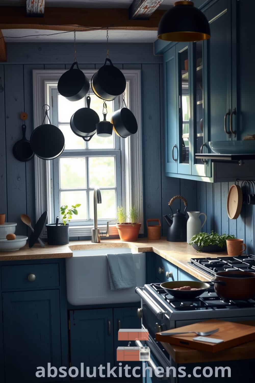 Rustic kitchen bathed in soft blue tones, featuring weathered wooden cabinets, stone countertops, a farmhouse sink, and cast iron pots, along with fresh herbs on the windowsill, offering cozy ideas and inspiring decor suggestions for your home, with elements from fireplacesandwoodstoves.com.