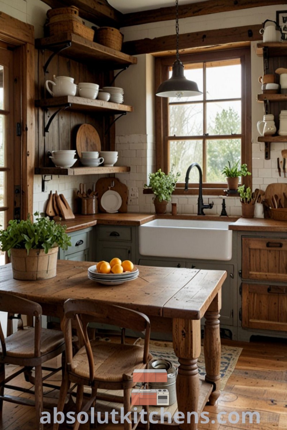 A kitchen filled with wooden furniture and open shelving above the sink next to a sunny window, showcasing cozy decor ideas for small spaces. Discover inspiring design trends for your home at absolutkitchens.com.