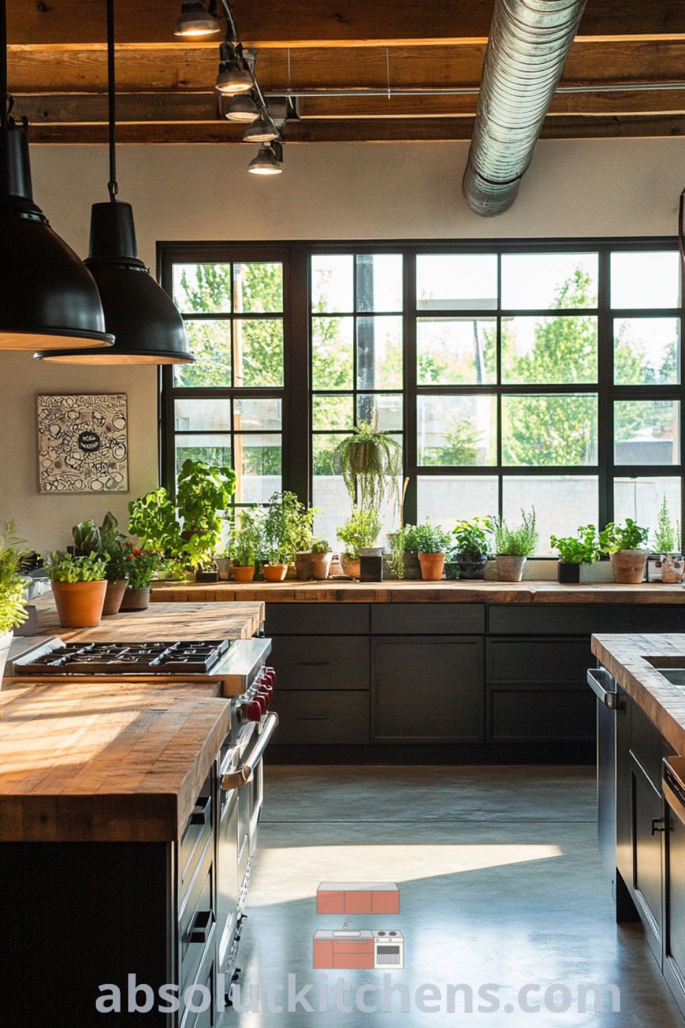 Inviting urban loft kitchen scene on absolutkitchens.com showcasing reclaimed wood and metal countertops, modern lofts, and cozy aesthetic decor ideas for small spaces.