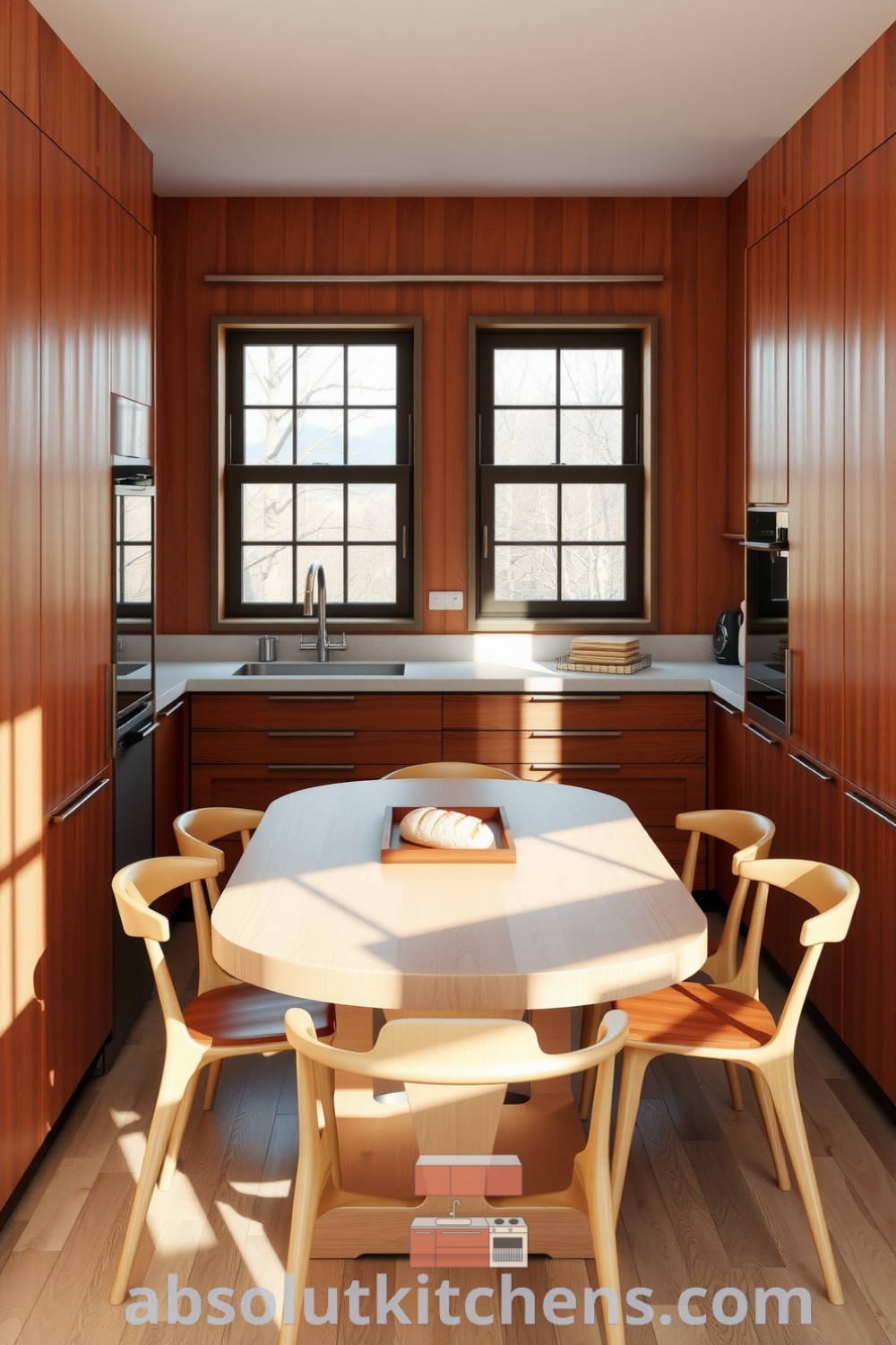 Scandinavian kitchen featuring warm brown palette, wooden cabinets, stone countertop, and inviting wooden dining table surrounded by light-colored chairs, creating a cozy atmosphere, with sunlight filtering through large windows, exemplifying cozy home decor ideas from fireplacesandwoodstoves.com.