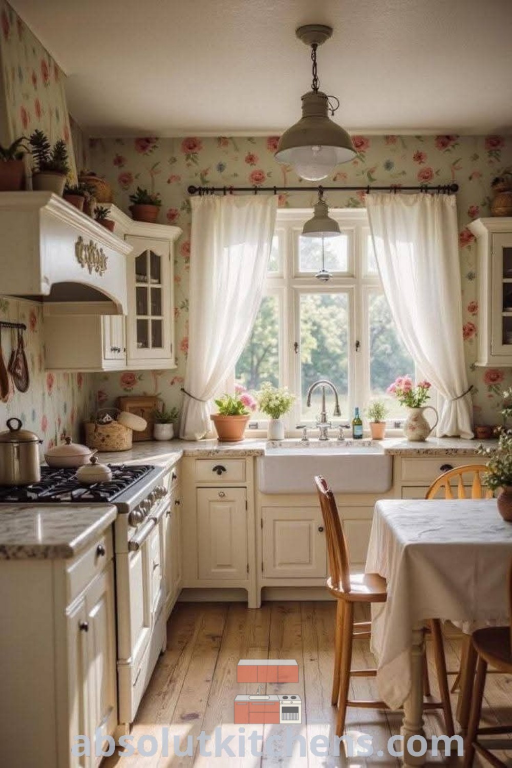 A kitchen filled with white furniture, flowers on the window sill above the sink, showcasing a Southern kitchen aesthetic and French cottage style. This inspiring design offers cozy decor ideas for small spaces, perfect for enhancing your home. Explore more at absolutkitchens.com.