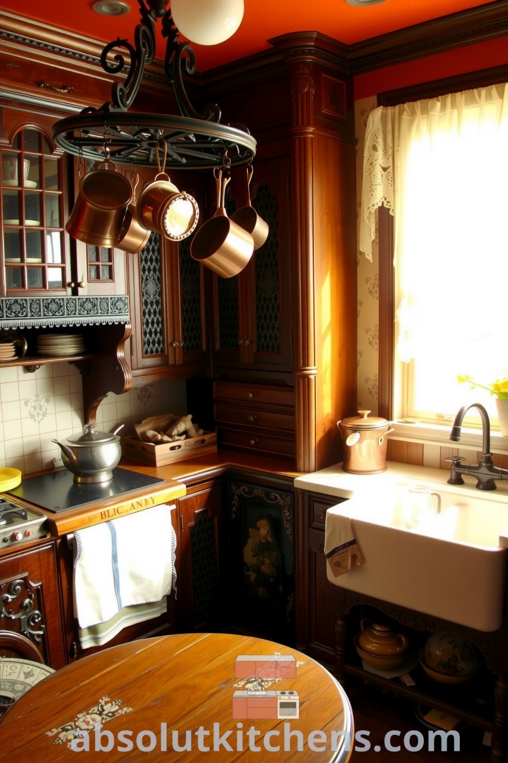 Victorian kitchen featuring intricately carved wooden cabinets, a central worktable, gleaming copper pots, and a sunlit window with lace curtains, creating a cozy atmosphere. Ideal for decor ideas that inspire warmth and charm at absolutkitchens.com.