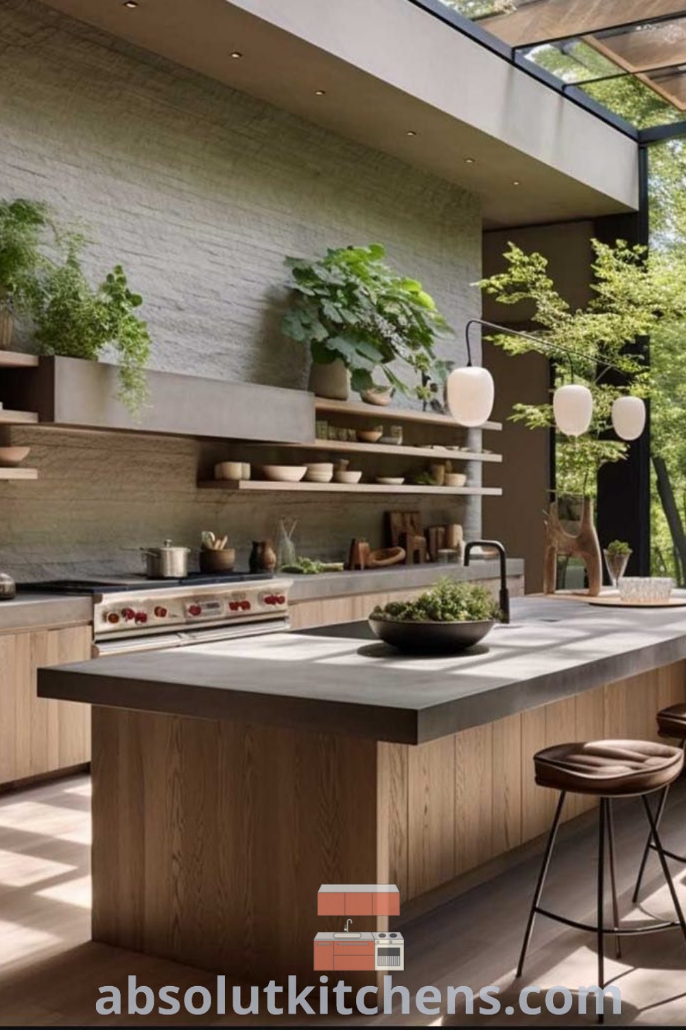 A spacious organic kitchen featuring lots of counter space, natural kitchen elements, and plants on shelves that enhance the tropical villa aesthetic. This design exemplifies modern tropical house trends with brown kitchen cabinets, offering cozy and inspiring decor ideas for any home. For more stunning inspirations, visit absolutkitchens.com.